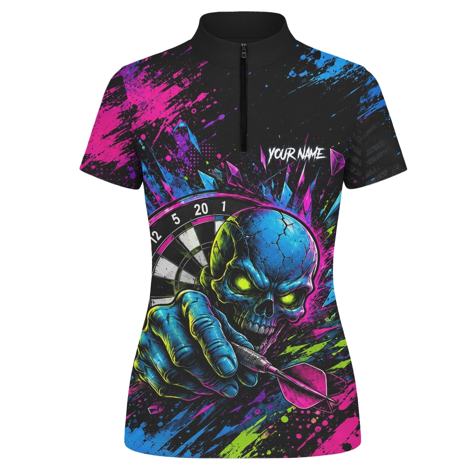 Personalisiertes Neonfarbenes Totenkopf-Dartboard Dartshirt für Damen S232