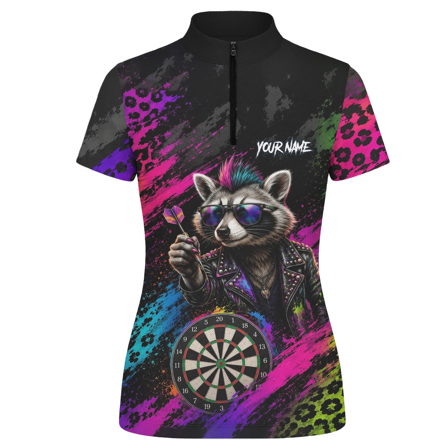 Personalisiertes Schwarz-buntes Punk-Waschbär-Dartboard Dartshirt für Damen E164