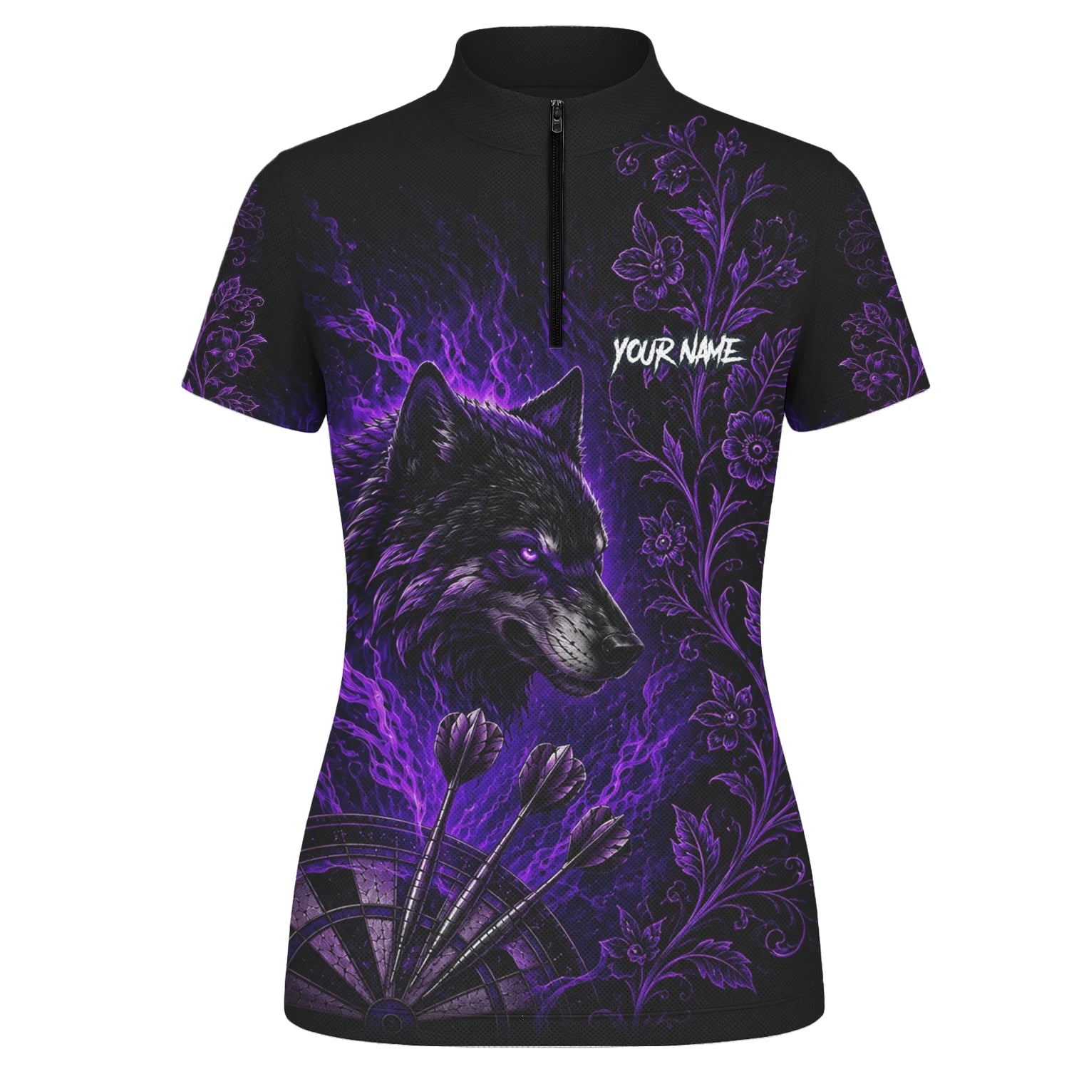 Personalisiertes Schwarz-lila Wolf-Dartboard Dartshirt für Damen J133