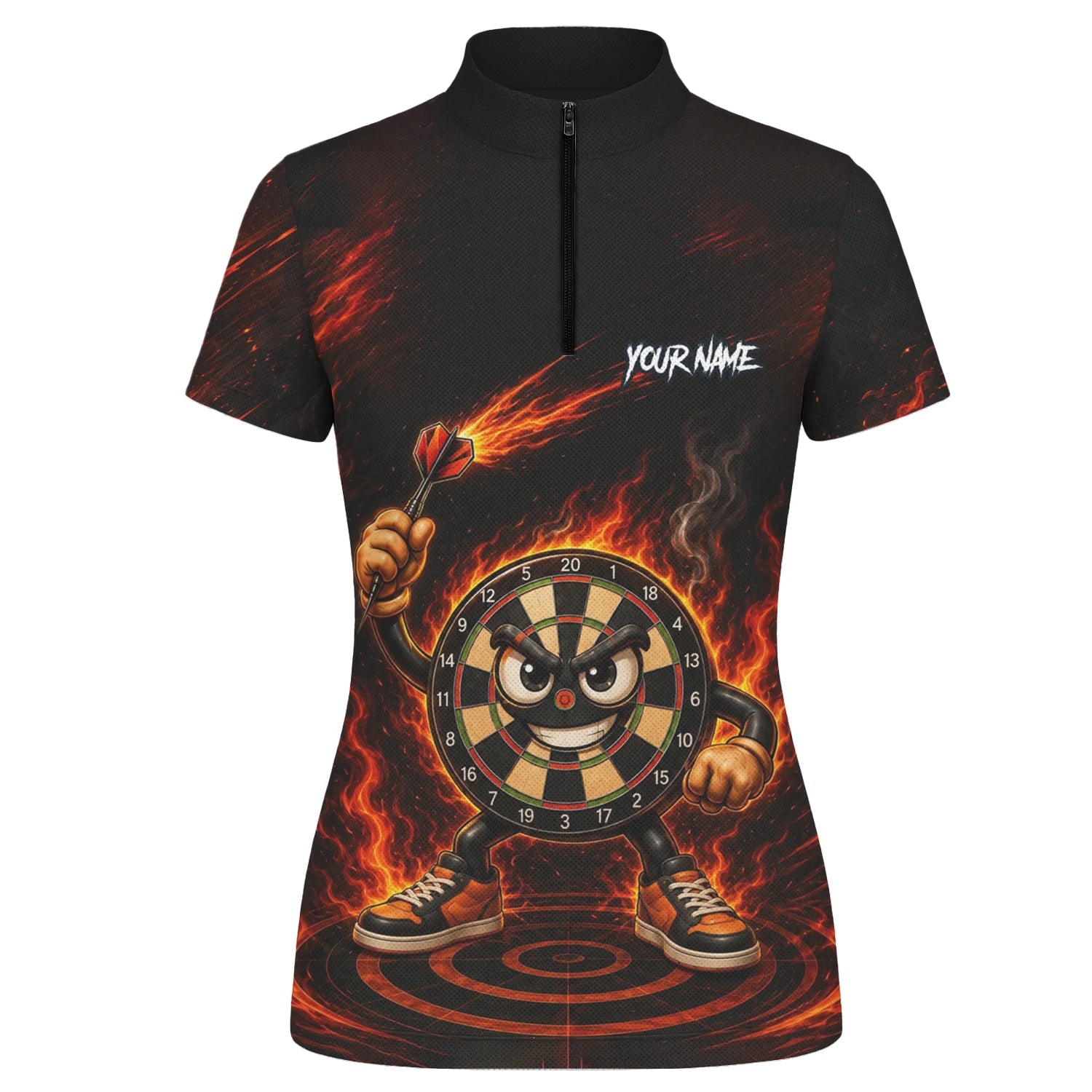 Personalisiertes Schwarz-rotes Flammen-Dartboard-Dartshirt für Damen W224