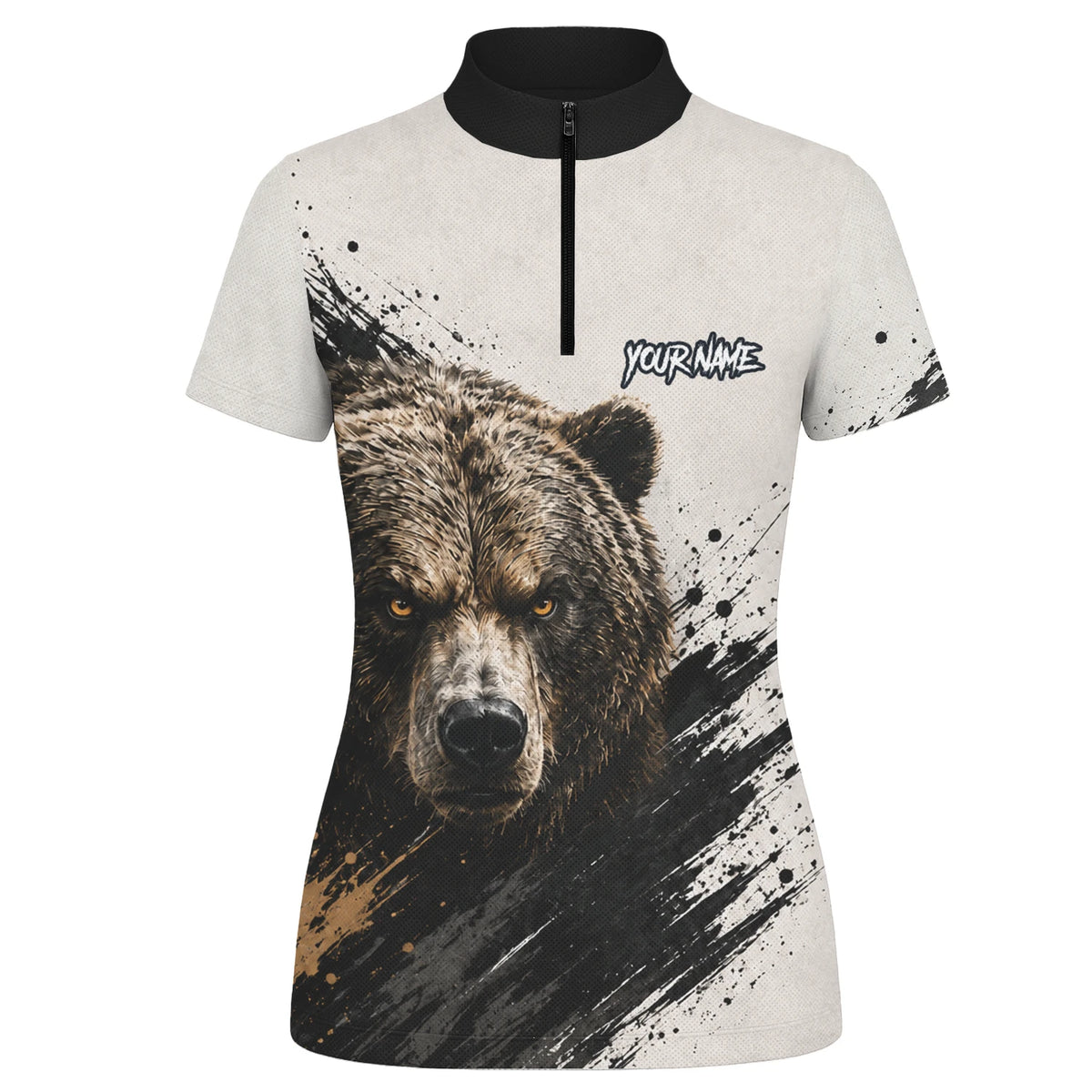 Personalisiertes Dartshirt mit weiß-schwarz-braunem Bären für Damen F926