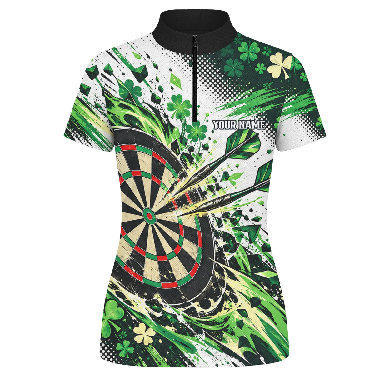 Personalisiertes Dartshirt in Grün, Schwarz und Weiß mit Kleeblättern und Dartscheibe für Damen J0950