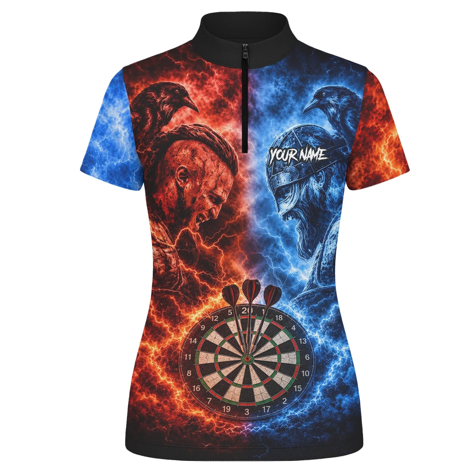 Personalisiertes Rot-blaues Wikinger-Dartshirt für Damen I920