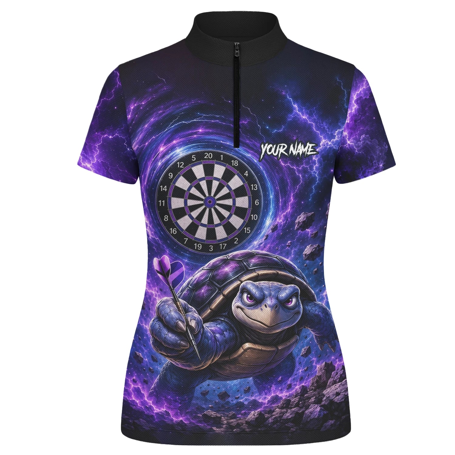 Personalisiertes Lila-schwarzes Schildkröten-Dartshirt für Damen F796
