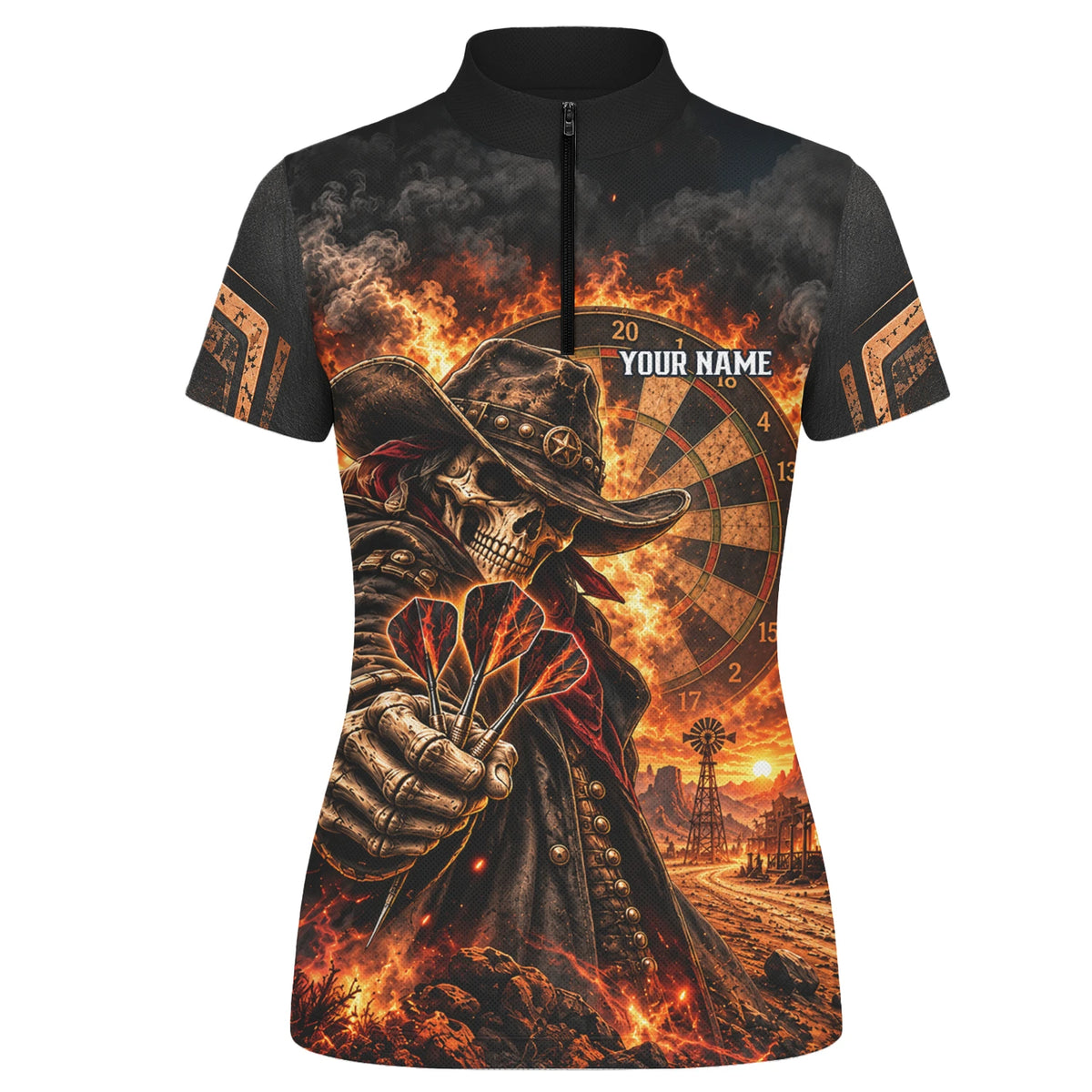 Personalisiertes Dartshirt in Schwarz und Orange mit Cowboy-Totenkopf, Flammen und Dartscheibe für Damen G9772