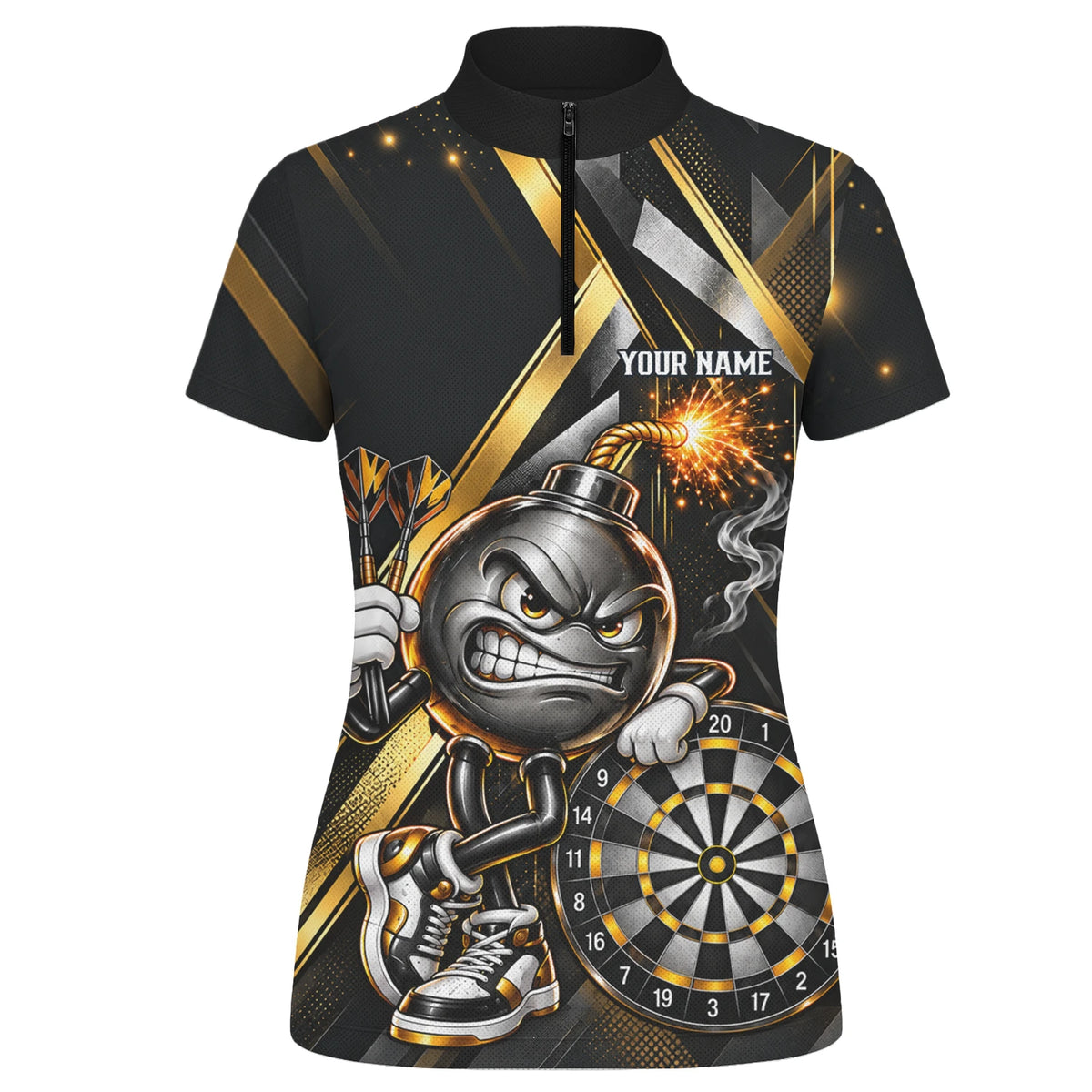 Personalisiertes Dartshirt in Schwarz und Gold mit wütender Comic-Bombe, Pokal und Dartscheibe für Damen R0150