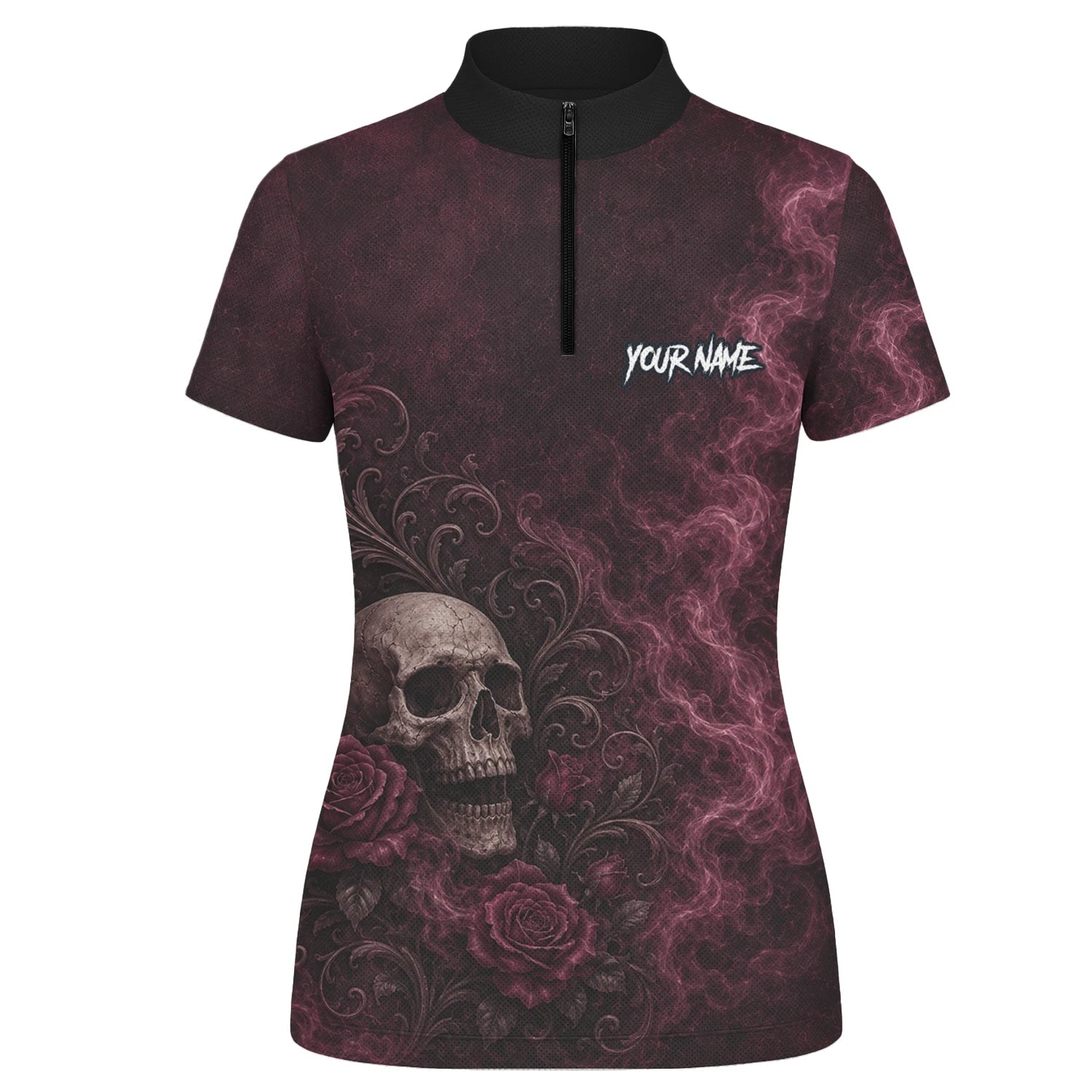 Personalisiertes Dunkelrot-schwarzes Totenkopf-Rosen-Dartshirt für Damen U786