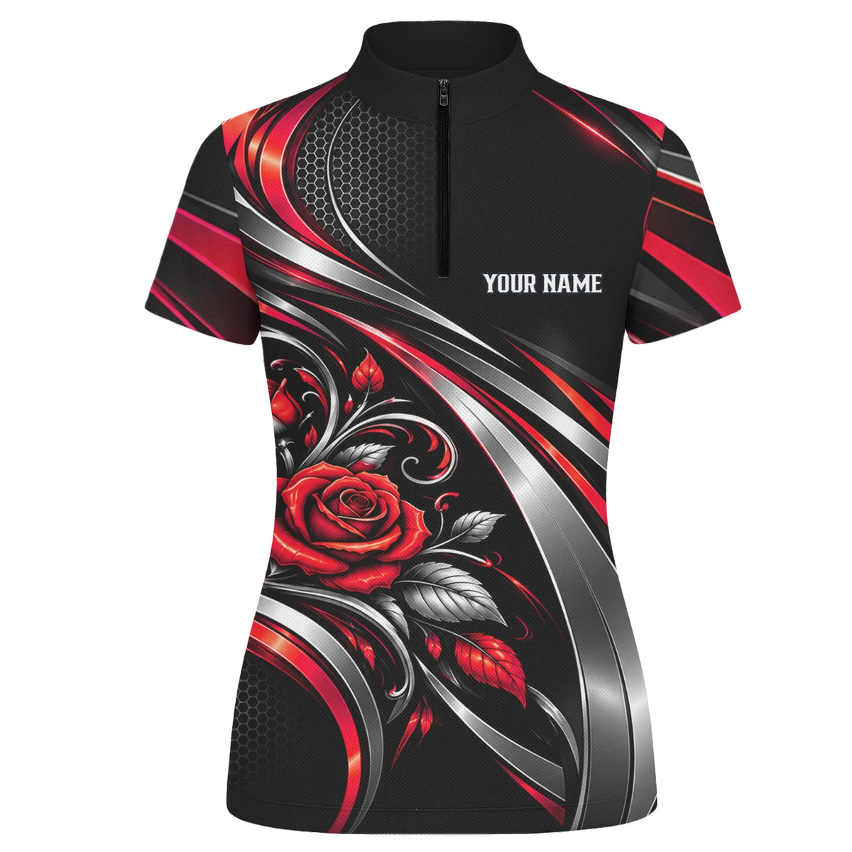 Personalisiertes Dartshirt in Schwarz, Rot und Silber mit Rosen, Flügeln und Dartscheibe für Damen Y2535