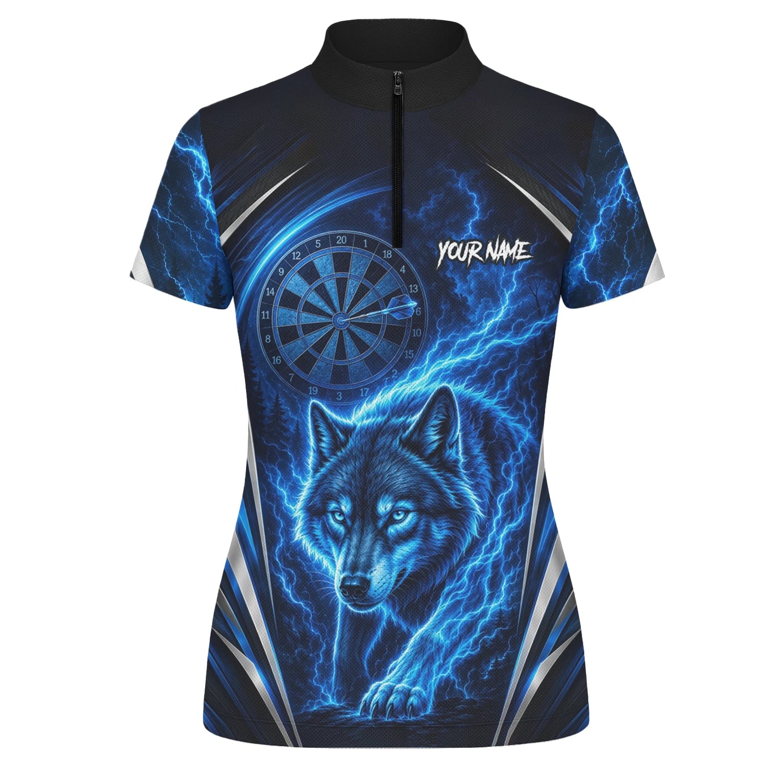 Personalisiertes Schwarz-blaues Wolf-Blitz-Dartshirt für Damen X929