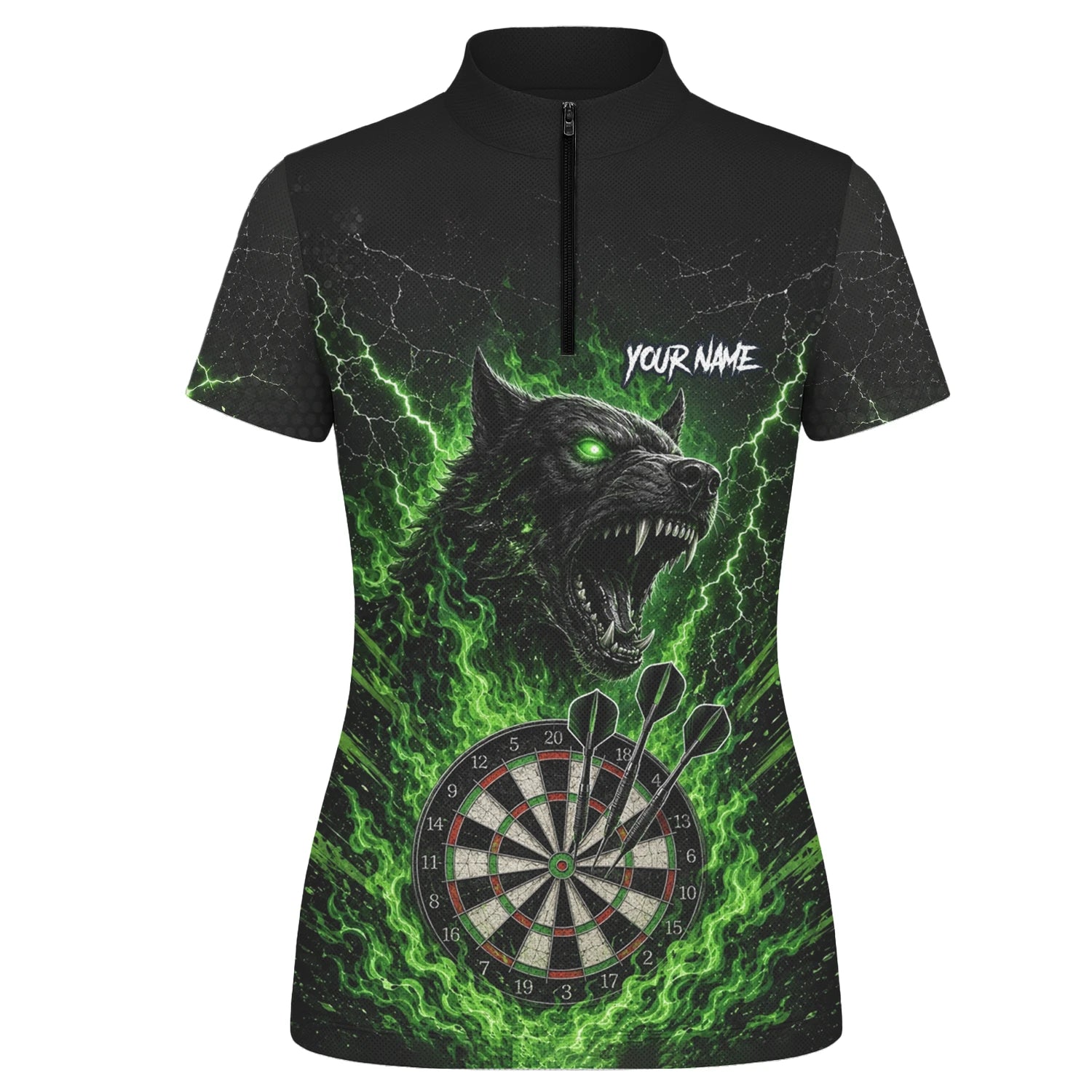 Personalisiertes Schwarz-grünes Wolf-Dartboard Dartshirt für Damen F303