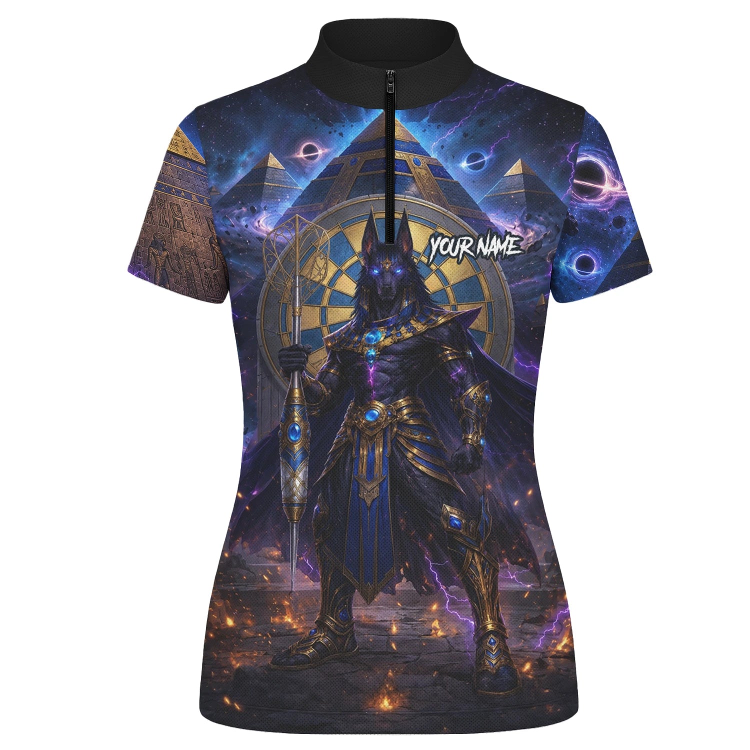 Personalisiertes Blau-gold-schwarzes Anubis-Dartshirt für Damen N118