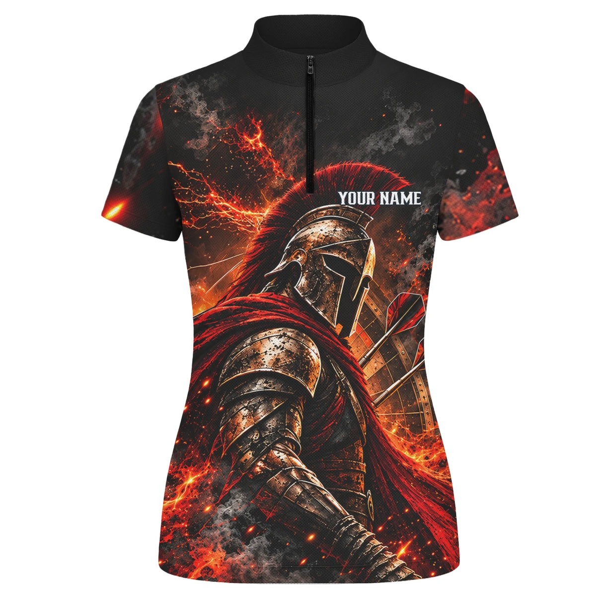 Personalisiertes Dartshirt in Schwarz, Rot und Orange mit Spartanerhelm, Flammen und Dartscheibe für Damen Z3444