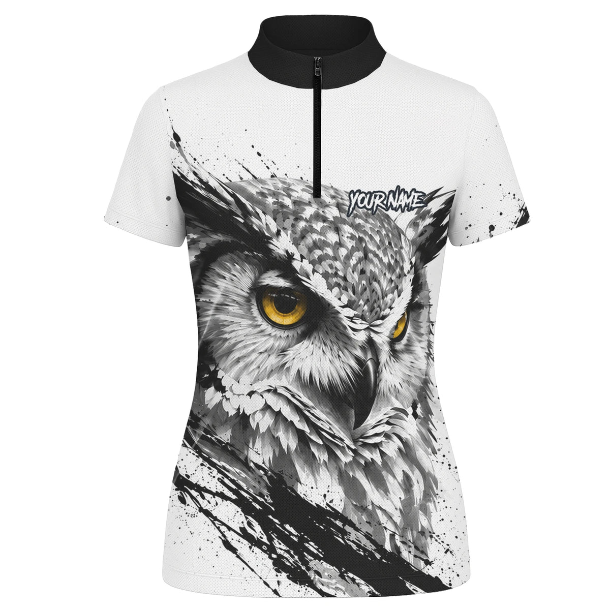 Personalisiertes Dartshirt mit weiß-schwarz-gelber Eule für Damen P128