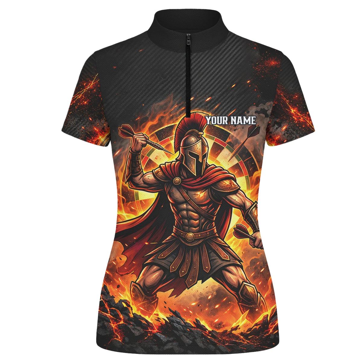 Personalisiertes Dartshirt in Schwarz, Rot und Orange mit spartanischem Krieger, Flammen und Dartscheibe für Damen X1710