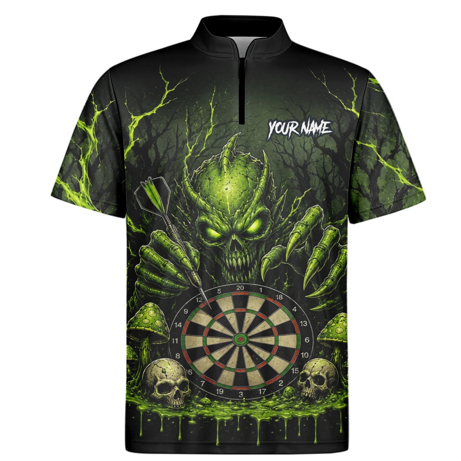 Personalisiertes Schwarz-grünes Monster-Totenkopf-Dartboard Dartshirt für Herren A277