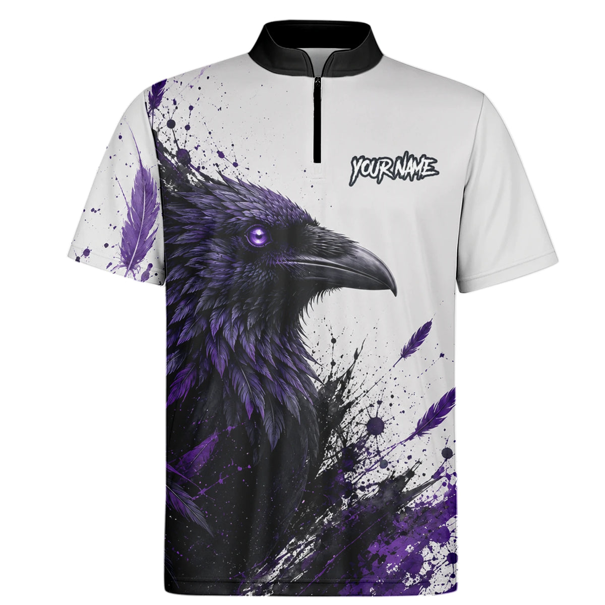 Personalisiertes Dartshirt mit weiß-schwarz-violettem Raben für Herren Z888