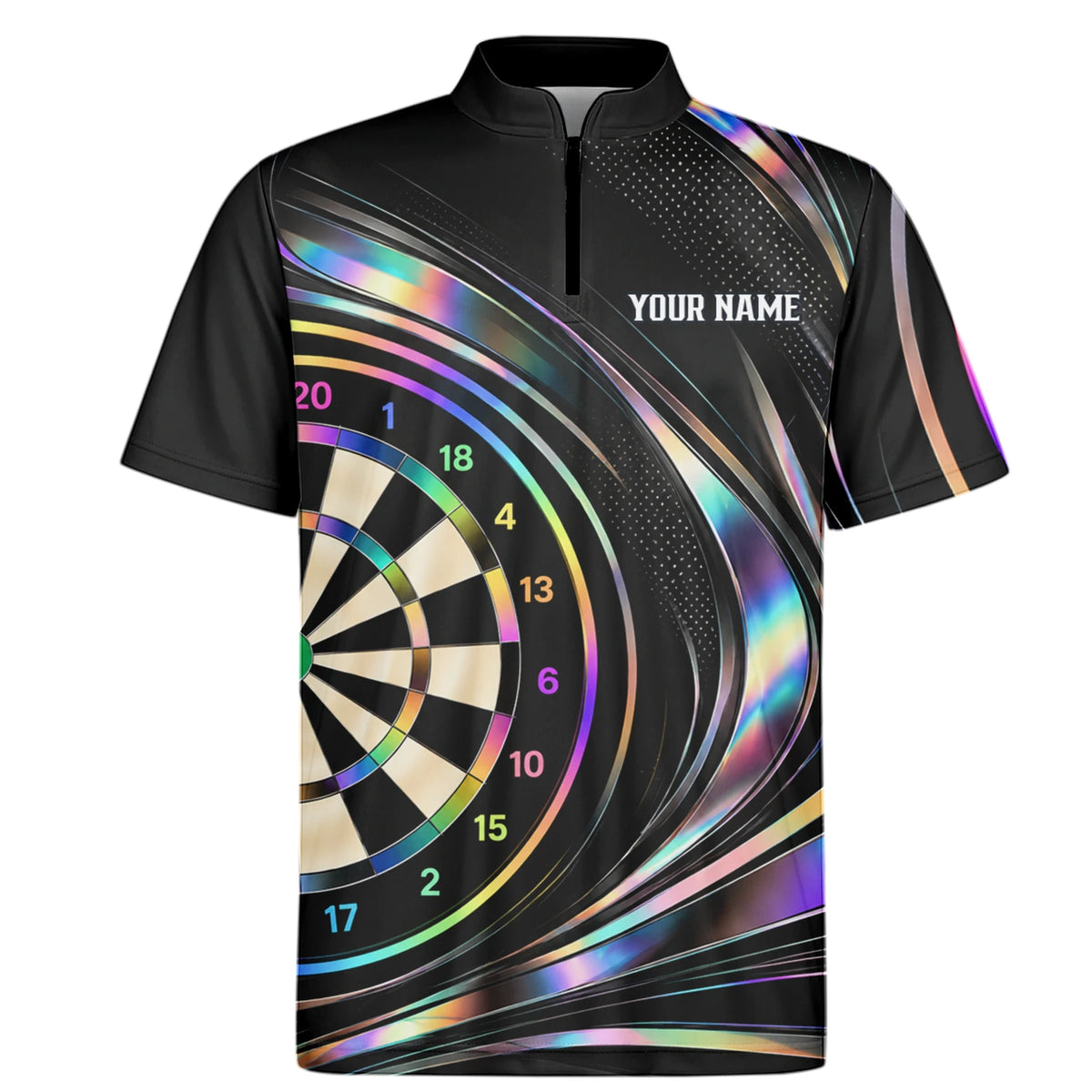 Personalisiertes Dartshirt in Schwarz mit regenbogenfarbenen Schwüngen und Dartscheibe für Herren Y5240