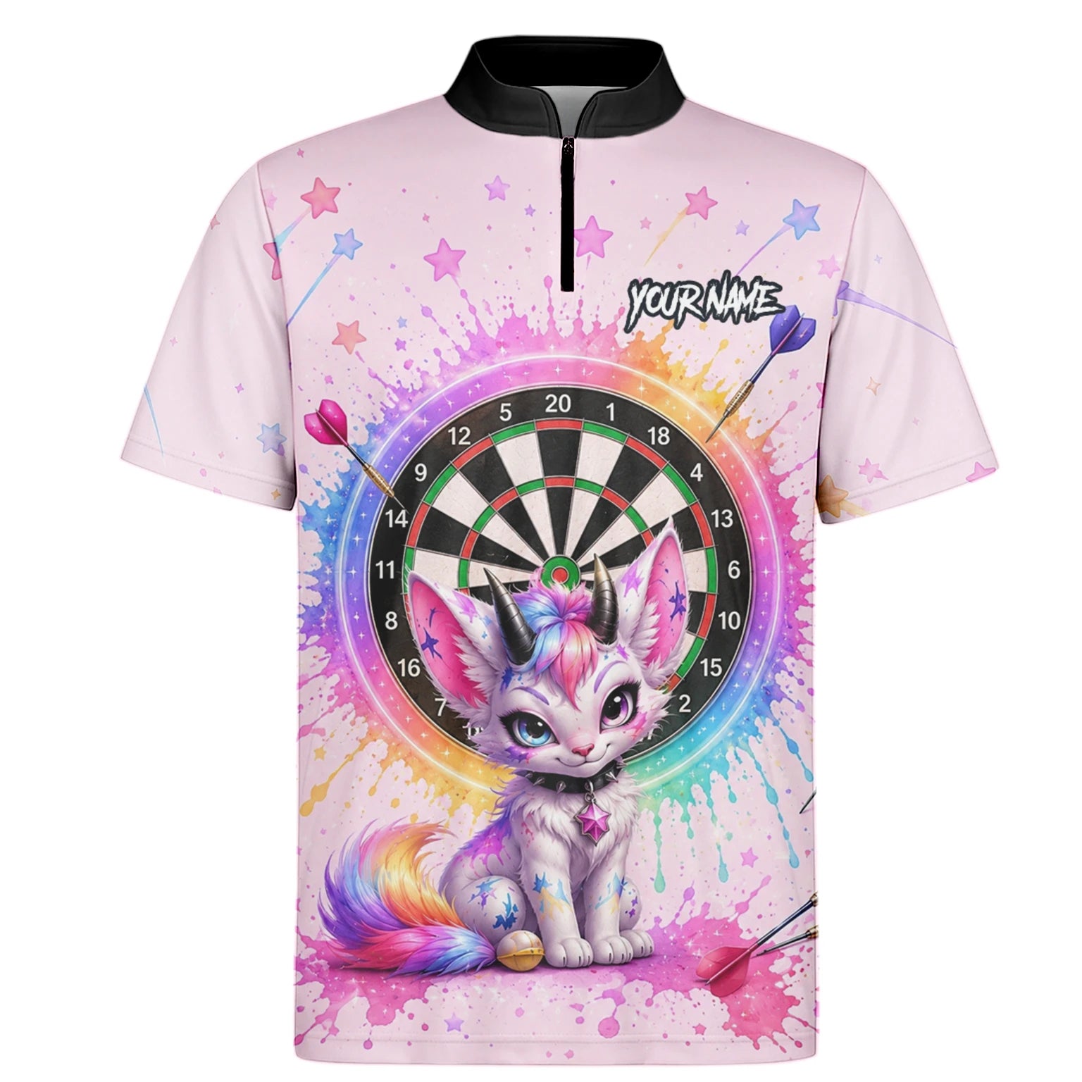 Personalisiertes Rosa Regenbogen Einhorn-Katzen-Dartshirt für Herren X398