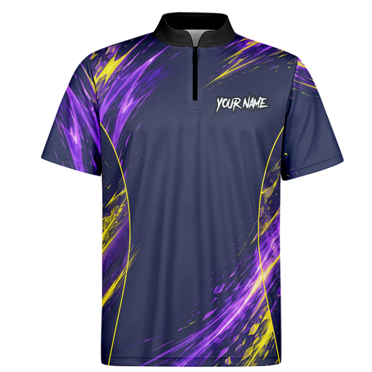 Personalisiertes Dartshirt mit dunkelblau-lila-gelbem abstraktem Design für Herren D517
