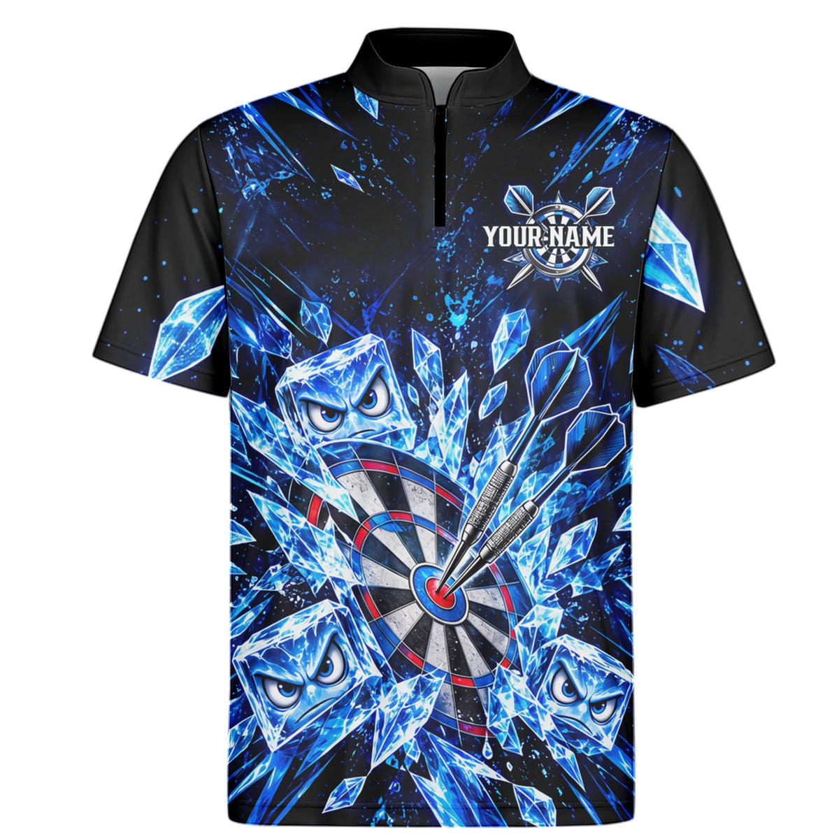 Personalisiertes Dartshirt in Schwarz und Blau mit Eiskristallen, Dartpfeilen und Dartscheibe für Herren X5114