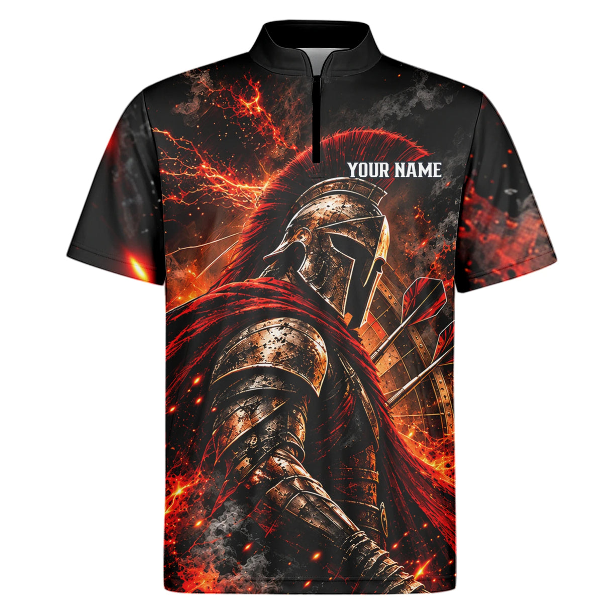 Personalisiertes Dartshirt in Schwarz, Rot und Orange mit Spartanerhelm, Flammen und Dartscheibe für Herren Z3444