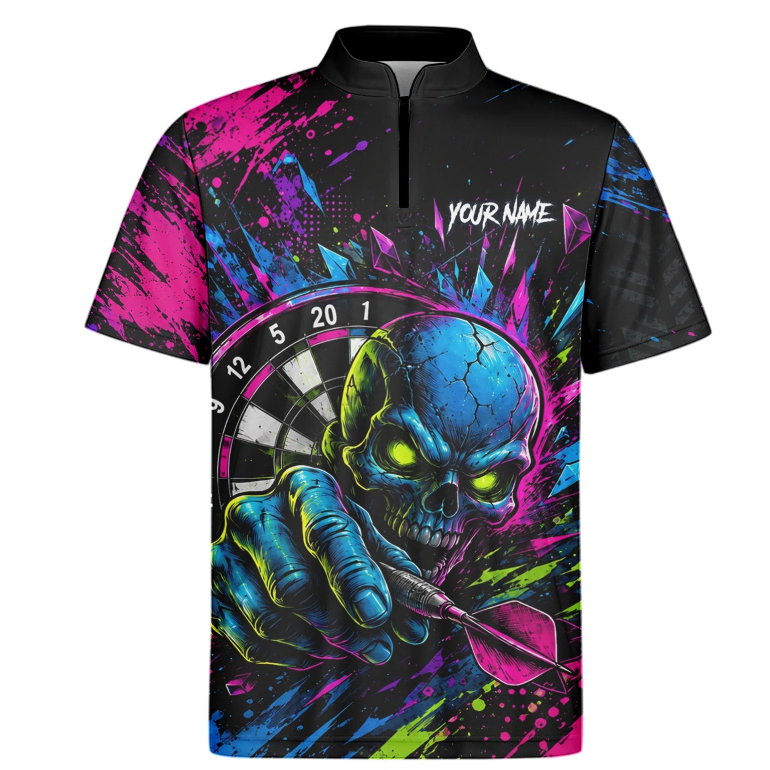 Personalisiertes Neonfarbenes Totenkopf-Dartboard Dartshirt für Herren S232