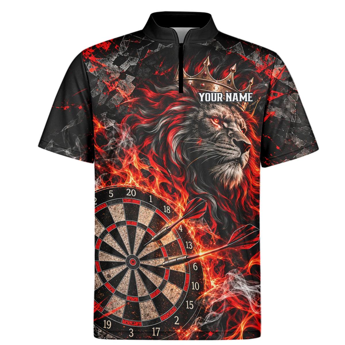 Personalisiertes Dartshirt in Schwarz und Rot mit gekröntem Löwen, Flammen und Dartscheibe für Herren O5343