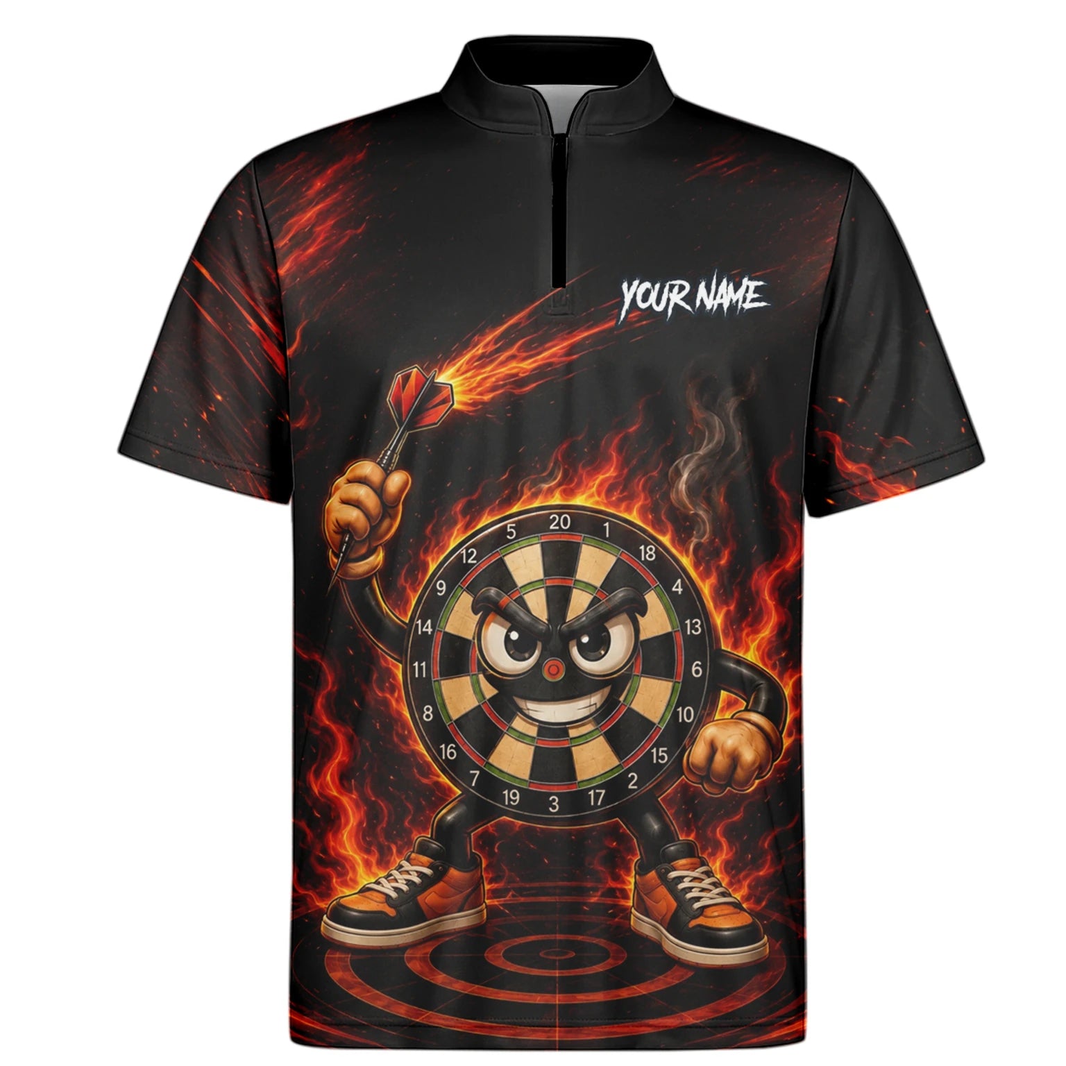 Personalisiertes Schwarz-rotes Flammen-Dartboard-Dartshirt für Herren W224