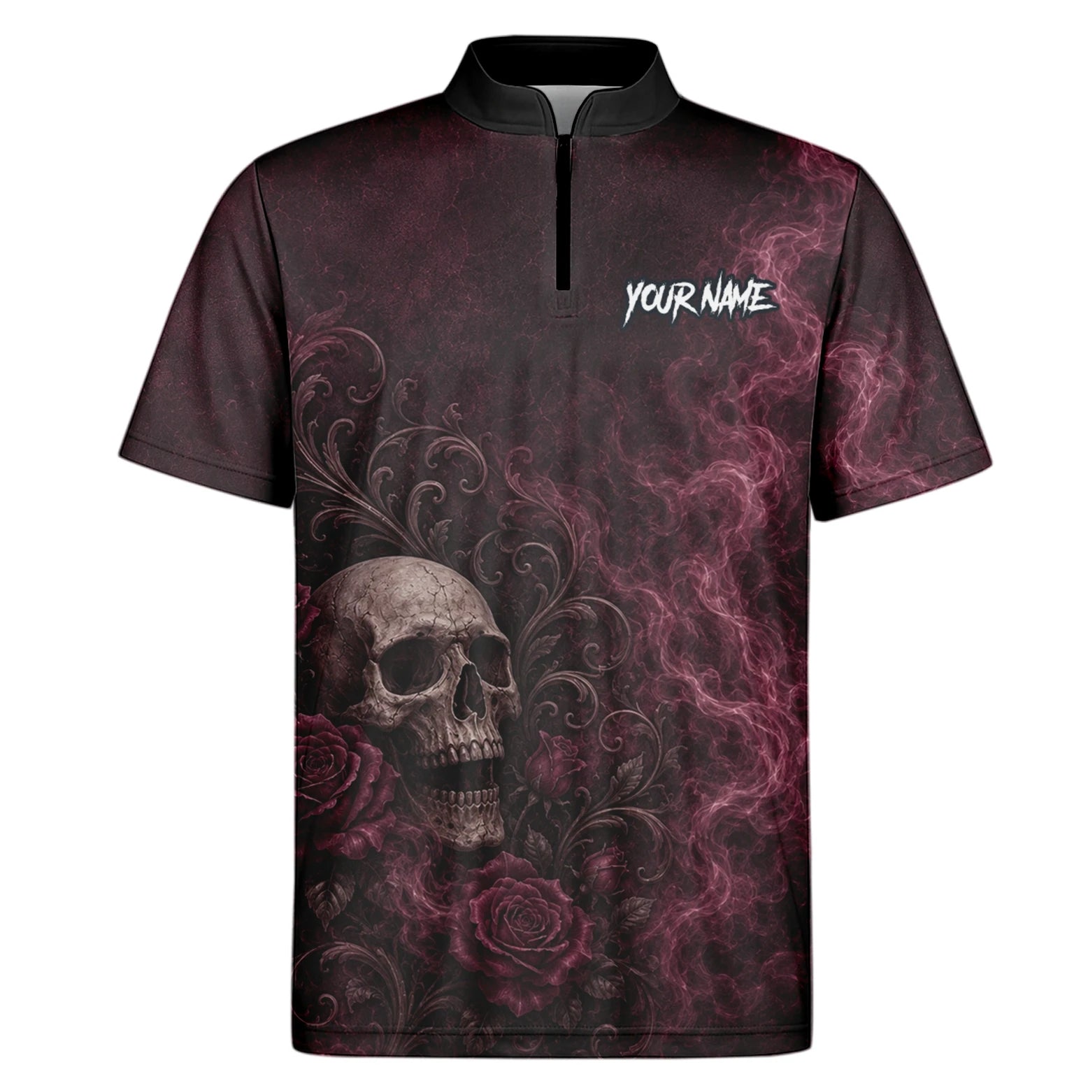 Personalisiertes Dunkelrot-schwarzes Totenkopf-Rosen-Dartshirt für Herren U786