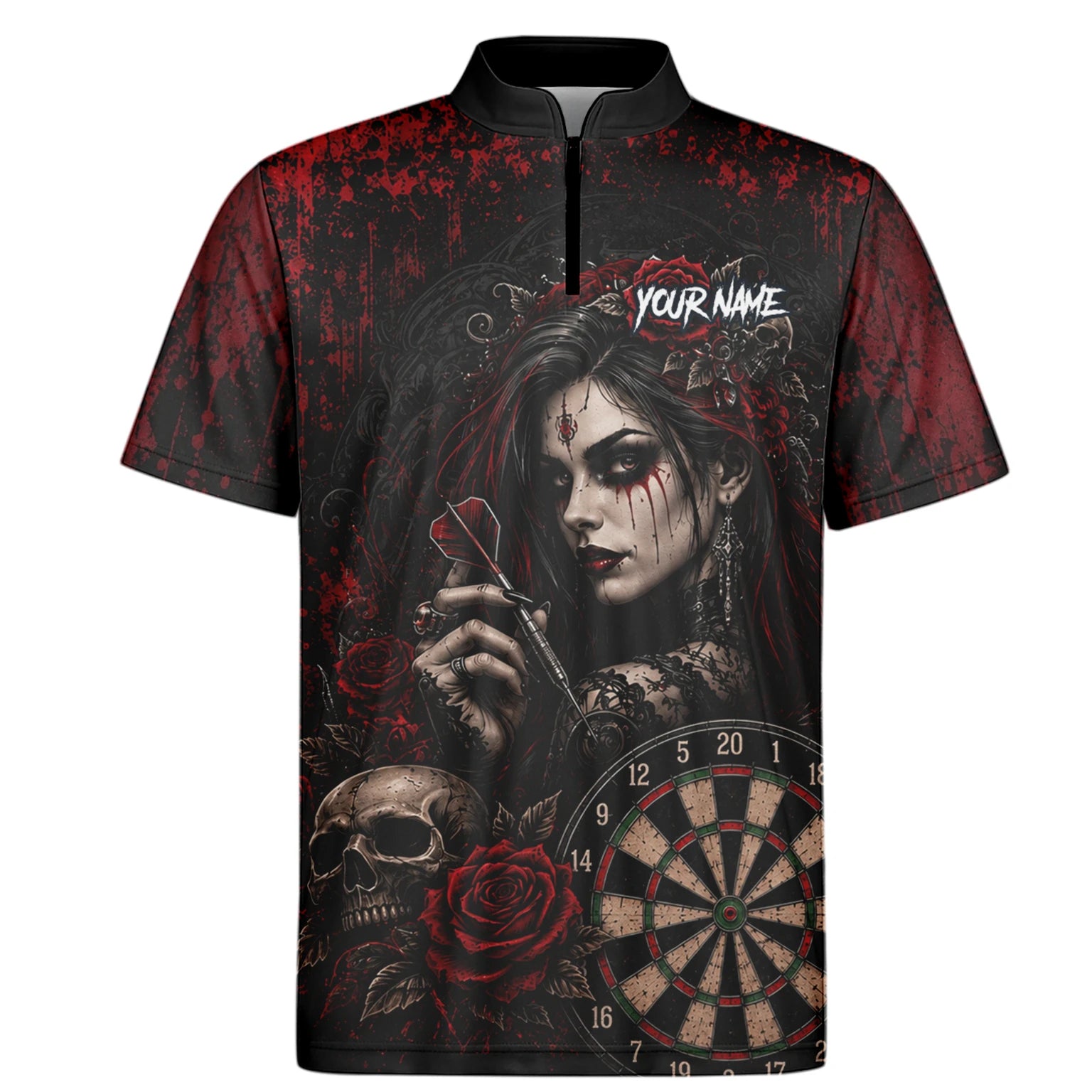 Personalisiertes Schwarz-rotes Gothic-Frauen-Totenkopf-Dartshirt für Herren W035