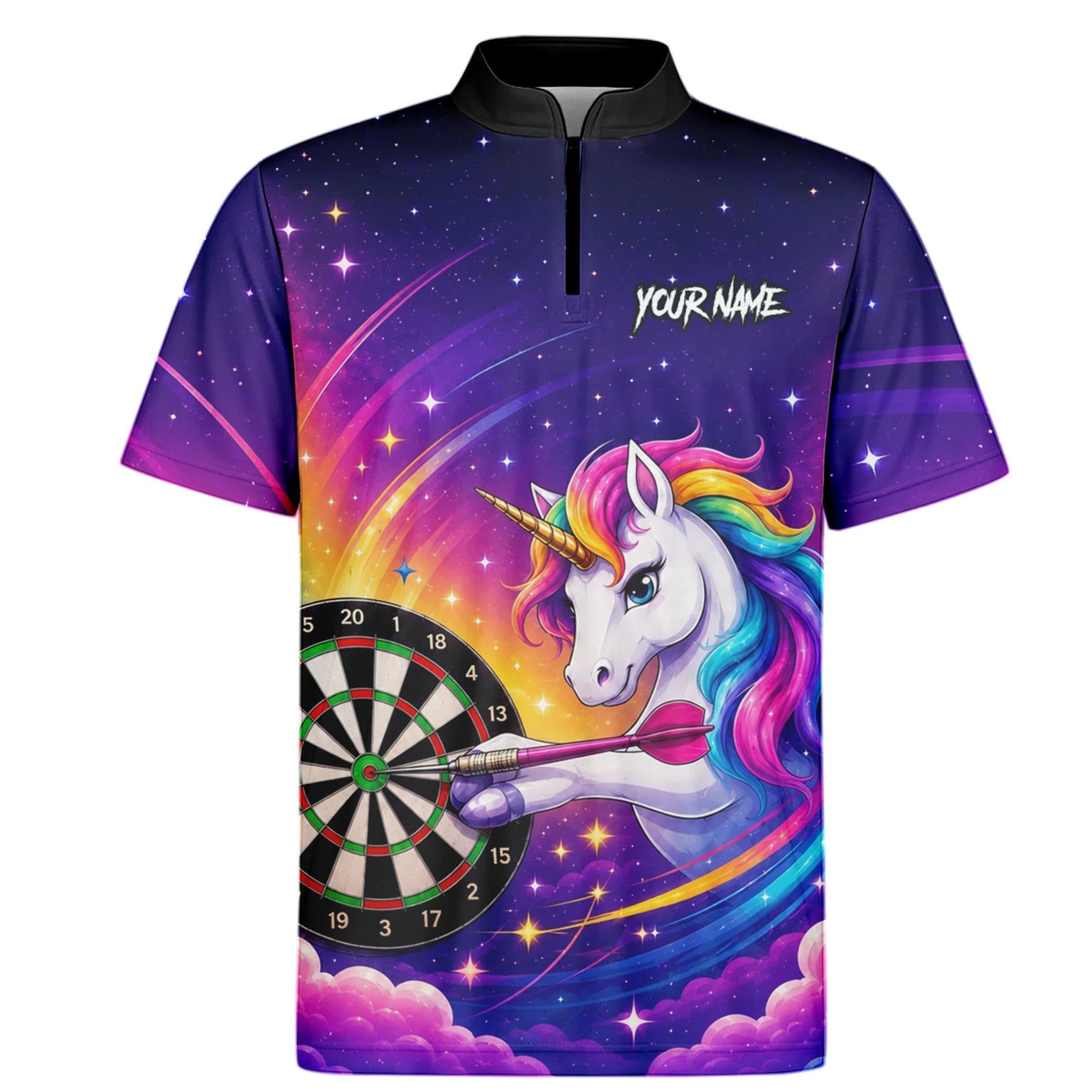 Personalisiertes Violettes Regenbogen-Einhorn-Dartshirt für Herren P431