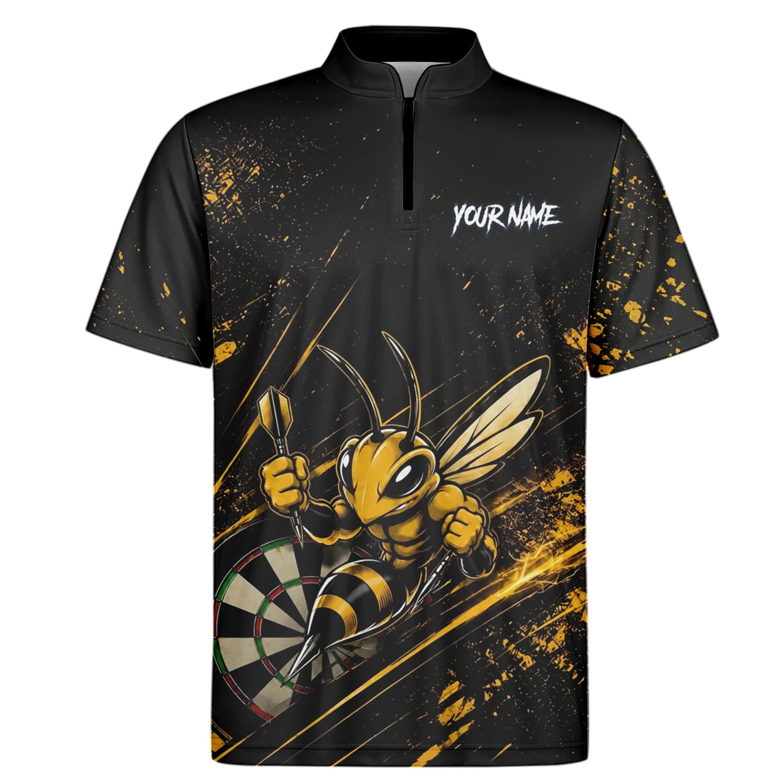 Personalisiertes Schwarz-goldenes Bienen-Dartboard Dartshirt für Herren L410
