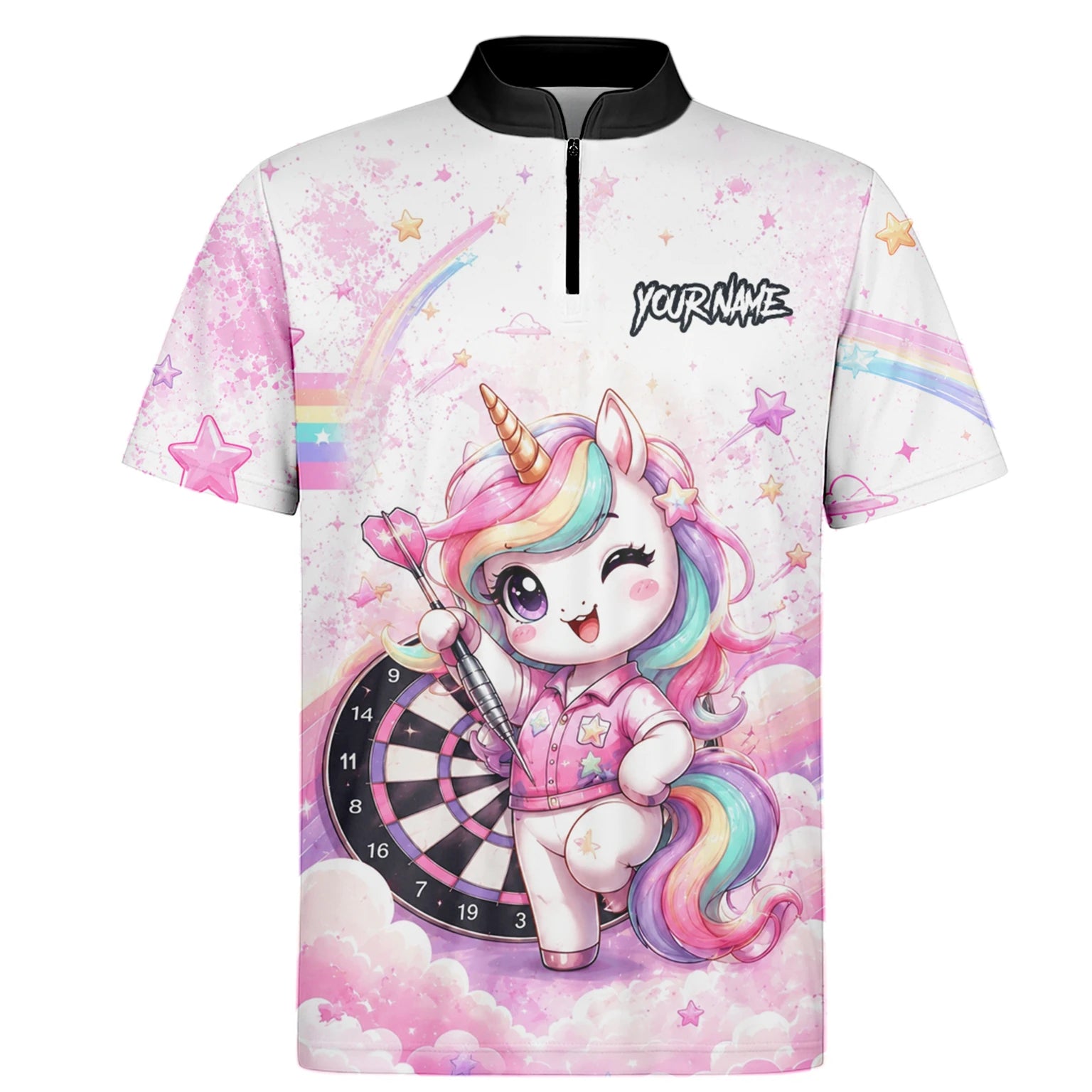 Personalisiertes Weiß-rosa Regenbogen-Einhorn-Dartshirt für Herren F188