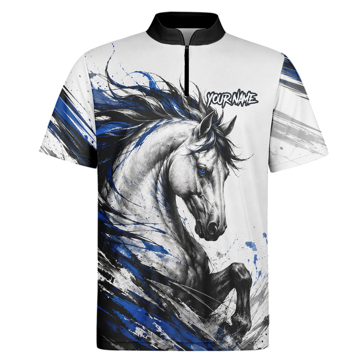 Personalisiertes Dartshirt mit weiß-schwarz-blauem steigenden Pferd für Herren O686