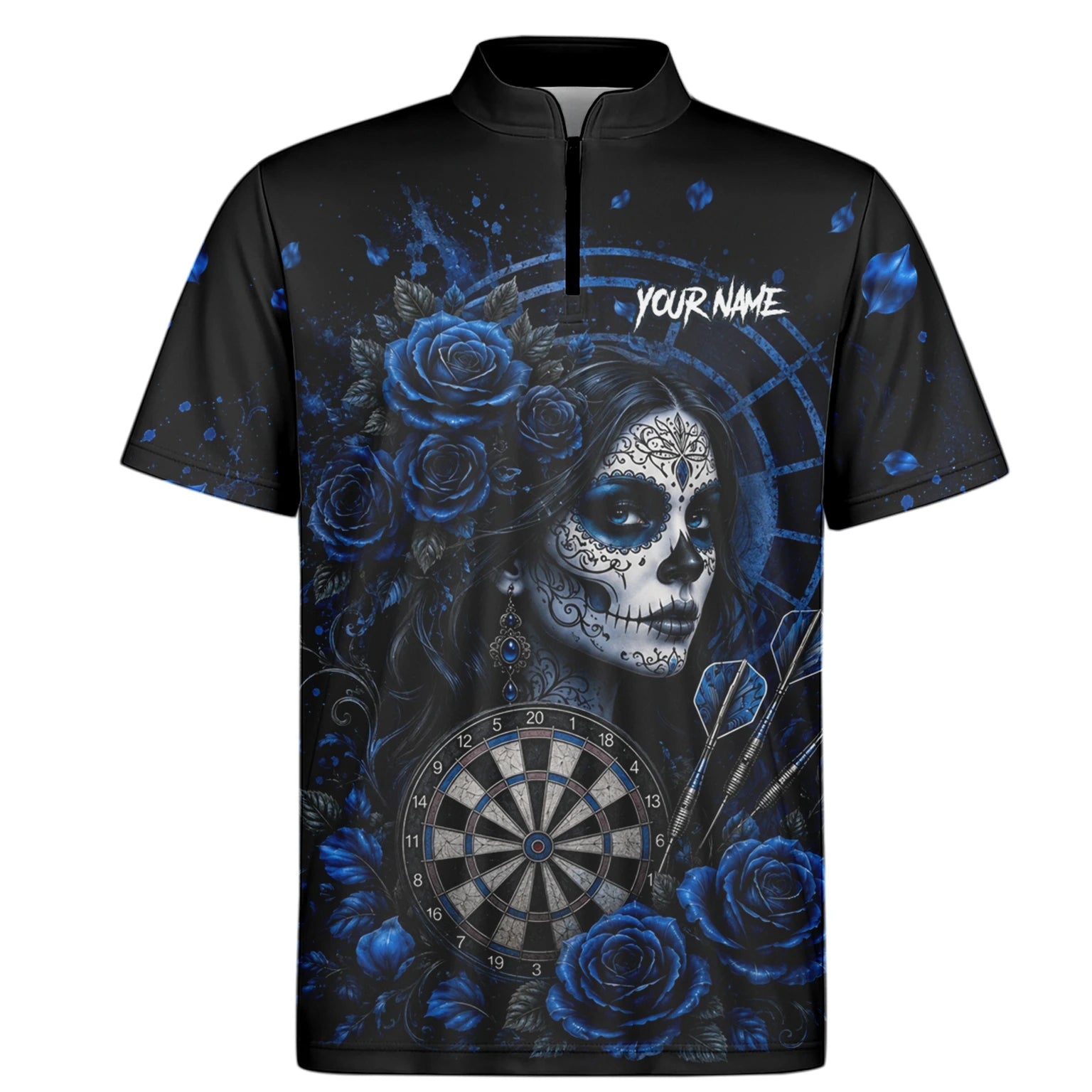 Personalisiertes Schwarz-blaues Sugar-Skull-Rosen-Dartshirt für Herren I884