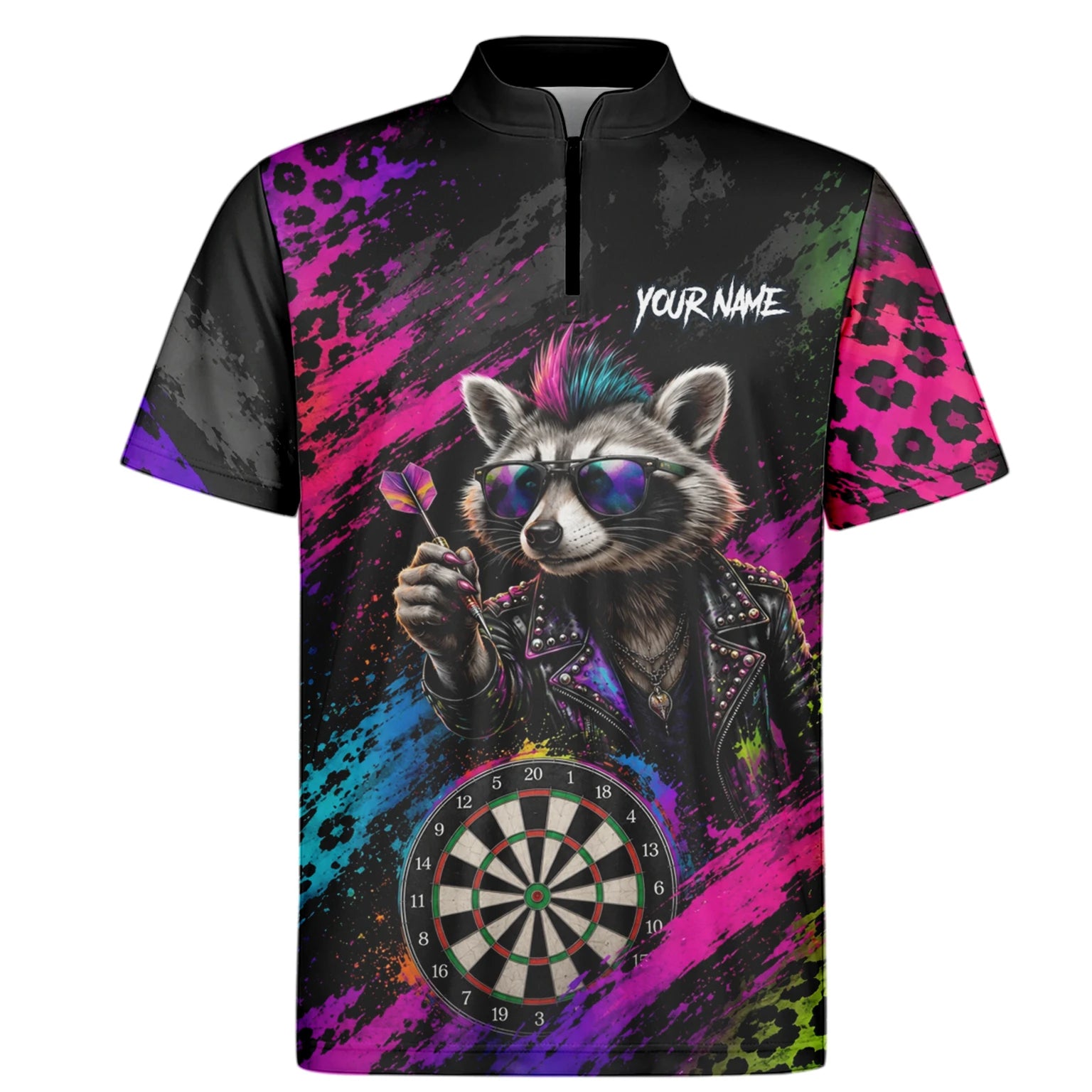 Personalisiertes Schwarz-buntes Punk-Waschbär-Dartboard Dartshirt für Herren E164