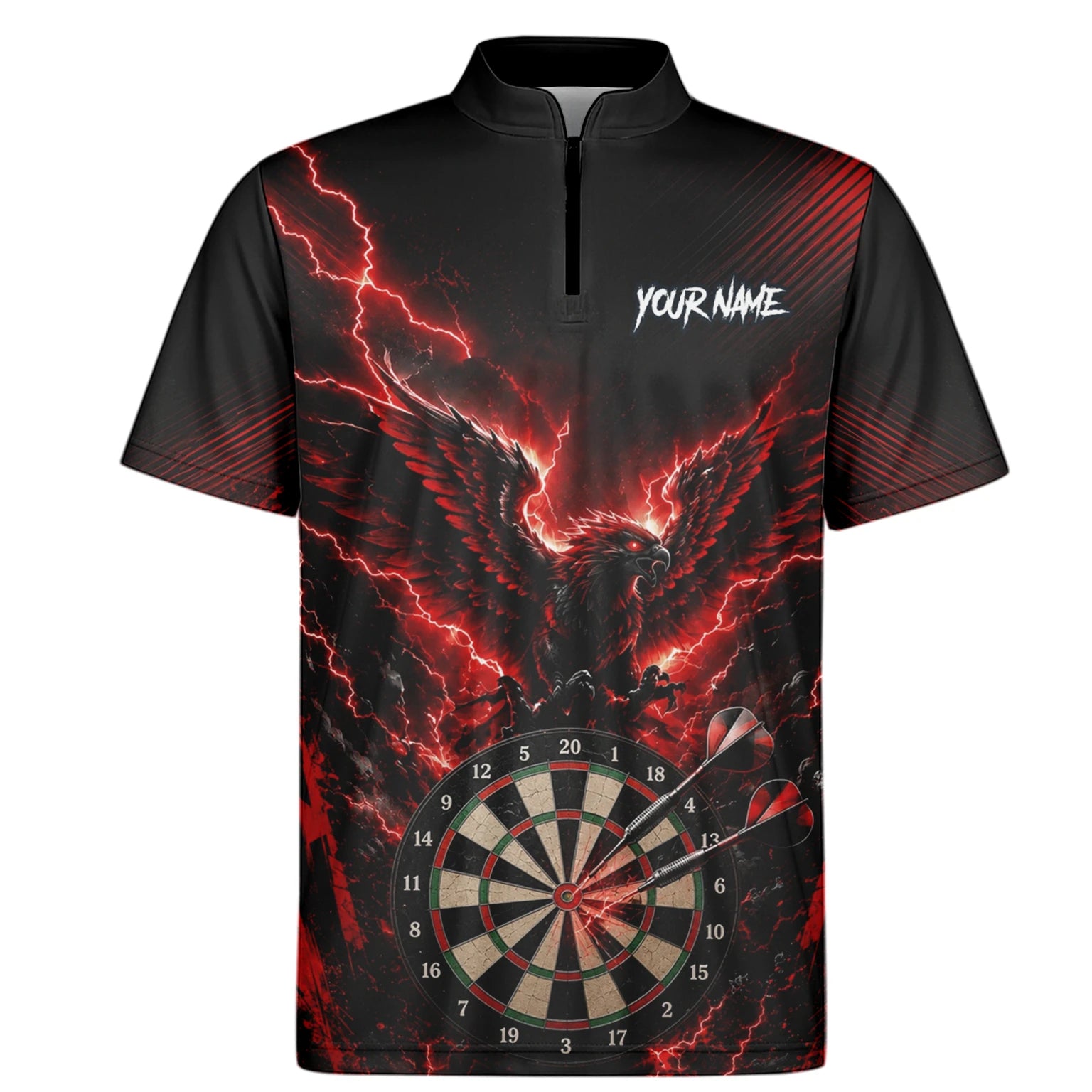 Personalisiertes Schwarz-rotes Phönix-Blitz-Dartboard Dartshirt für Herren J120
