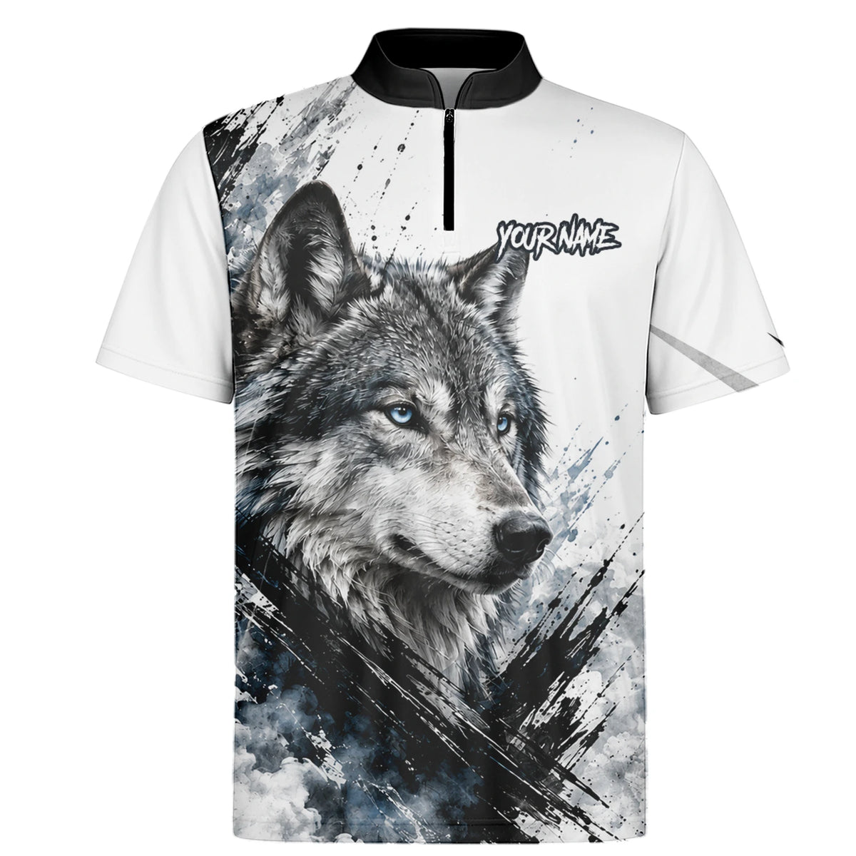 Personalisiertes Dartshirt mit weiß-schwarz-blauem Wolf für Herren P634