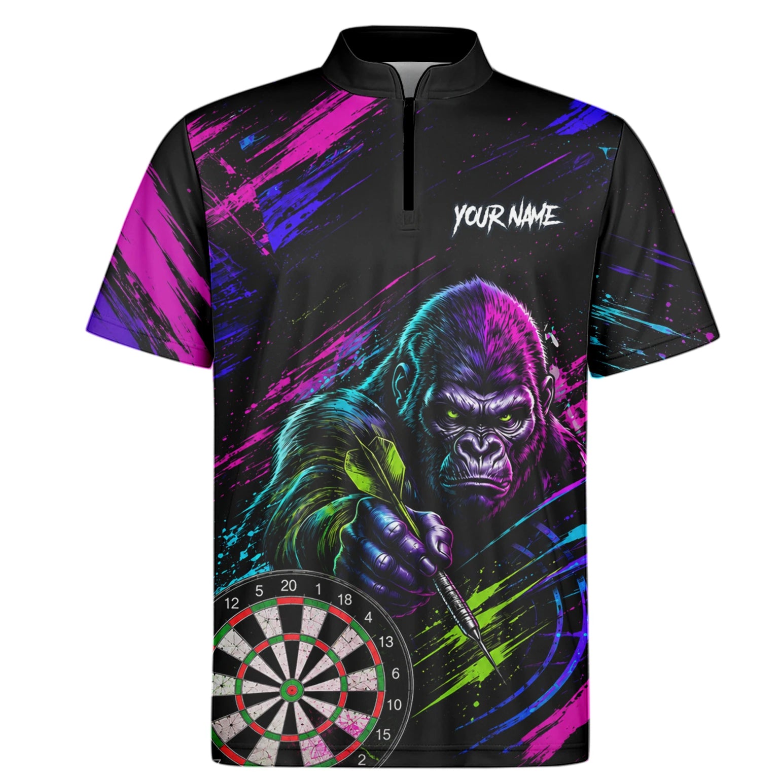Personalisiertes Schwarz-pink-lila Gorilla-Dartshirt für Herren U874