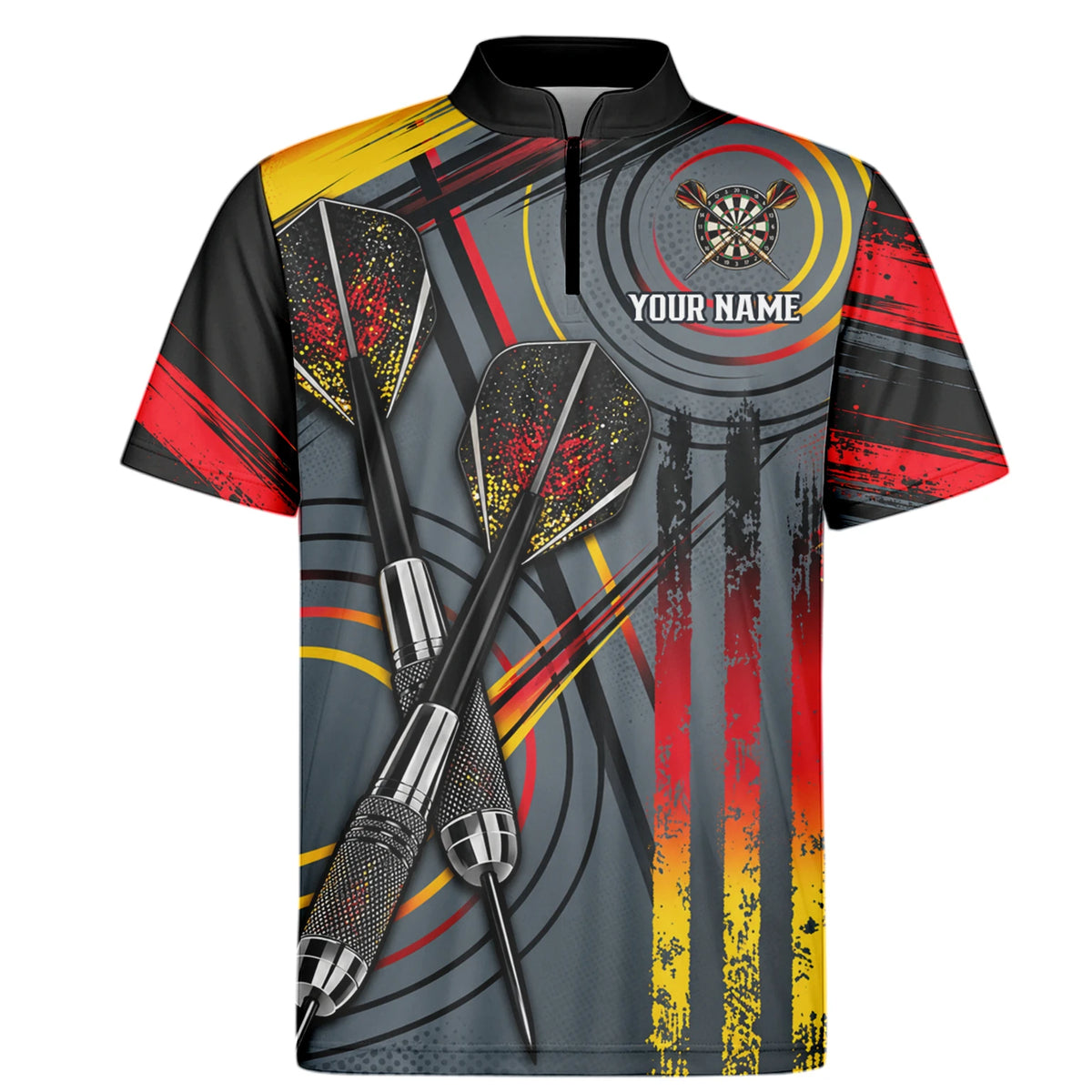 Personalisiertes Dartshirt in Grau, Schwarz, Rot und Gelb mit Dartpfeilen und Dartscheibe für Herren E2718