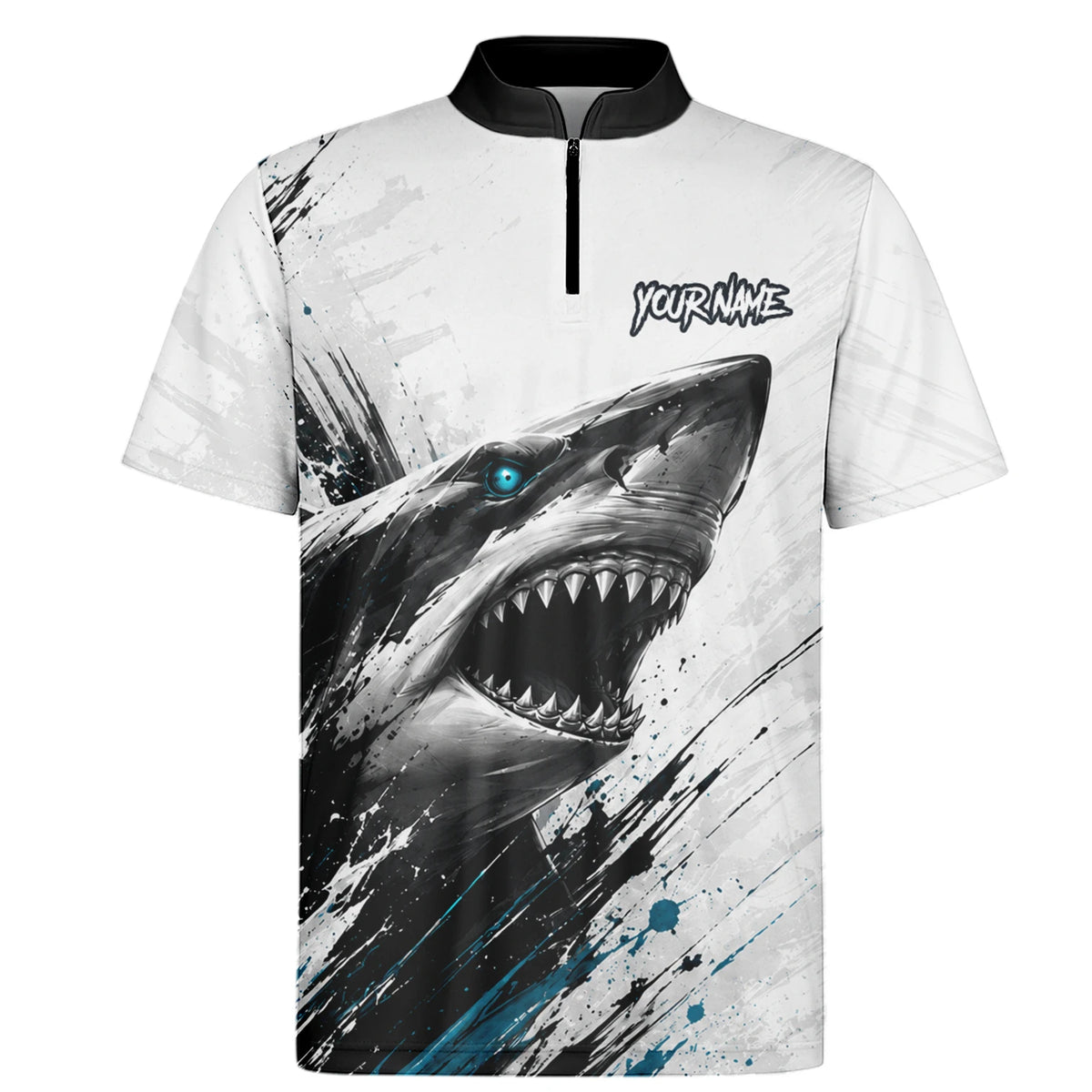 Personalisiertes Dartshirt mit weiß-schwarz-türkisem Hai für Herren D067