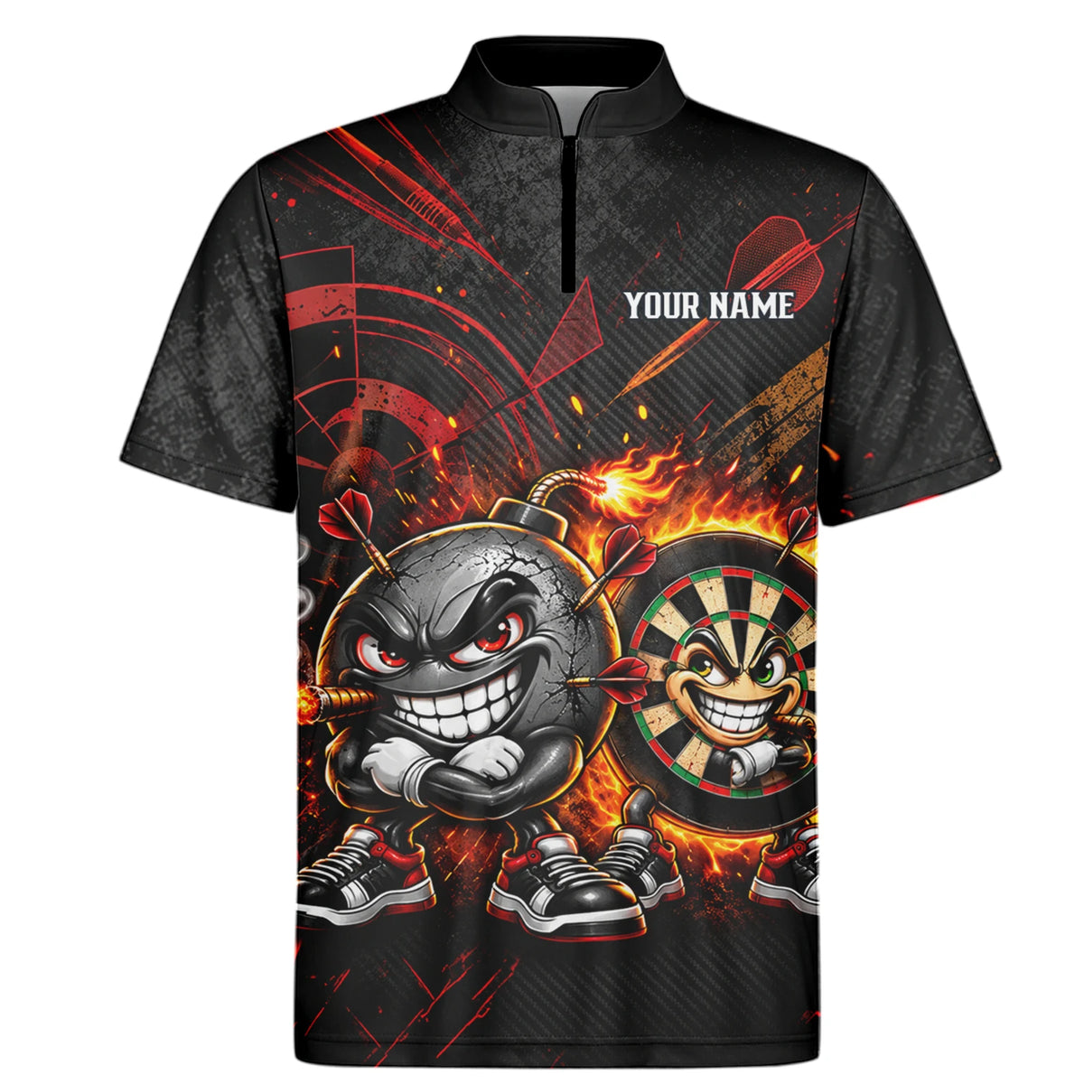 Personalisiertes Dartshirt mit schwarz-roter wütender Comic-Bombe und Dartscheibe für Herren C3423