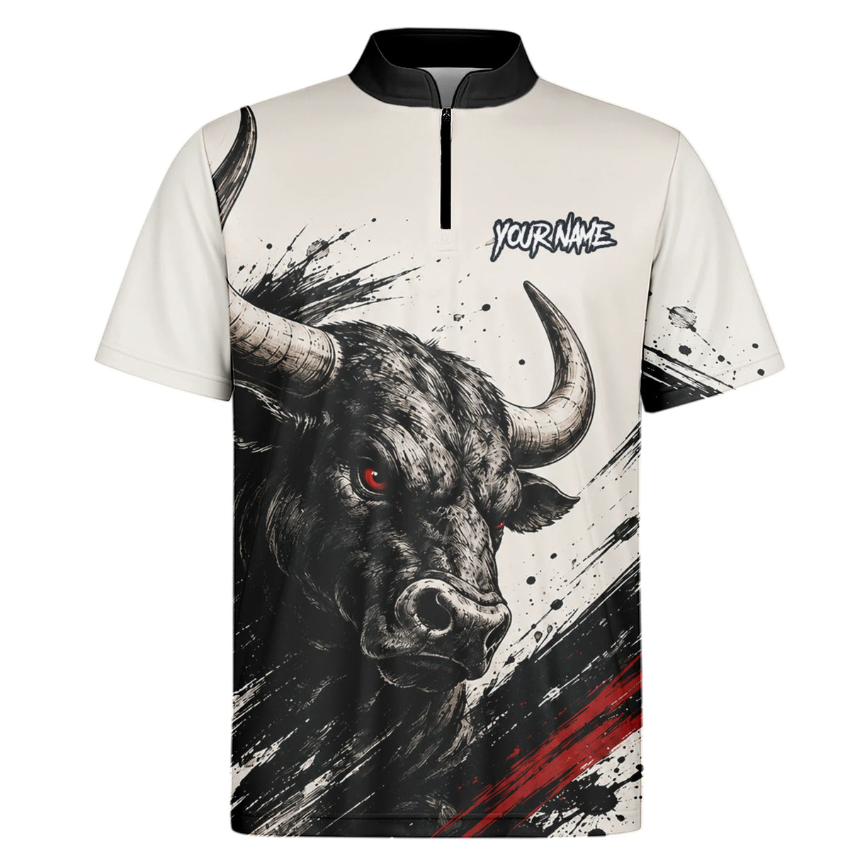 Personalisiertes Dartshirt mit weiß-schwarz-rotem Bullen für Herren H473