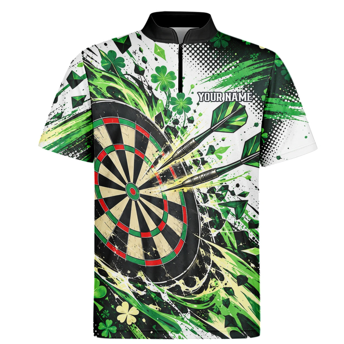 Personalisiertes Dartshirt in Grün, Schwarz und Weiß mit Kleeblättern und Dartscheibe für Herren J0950