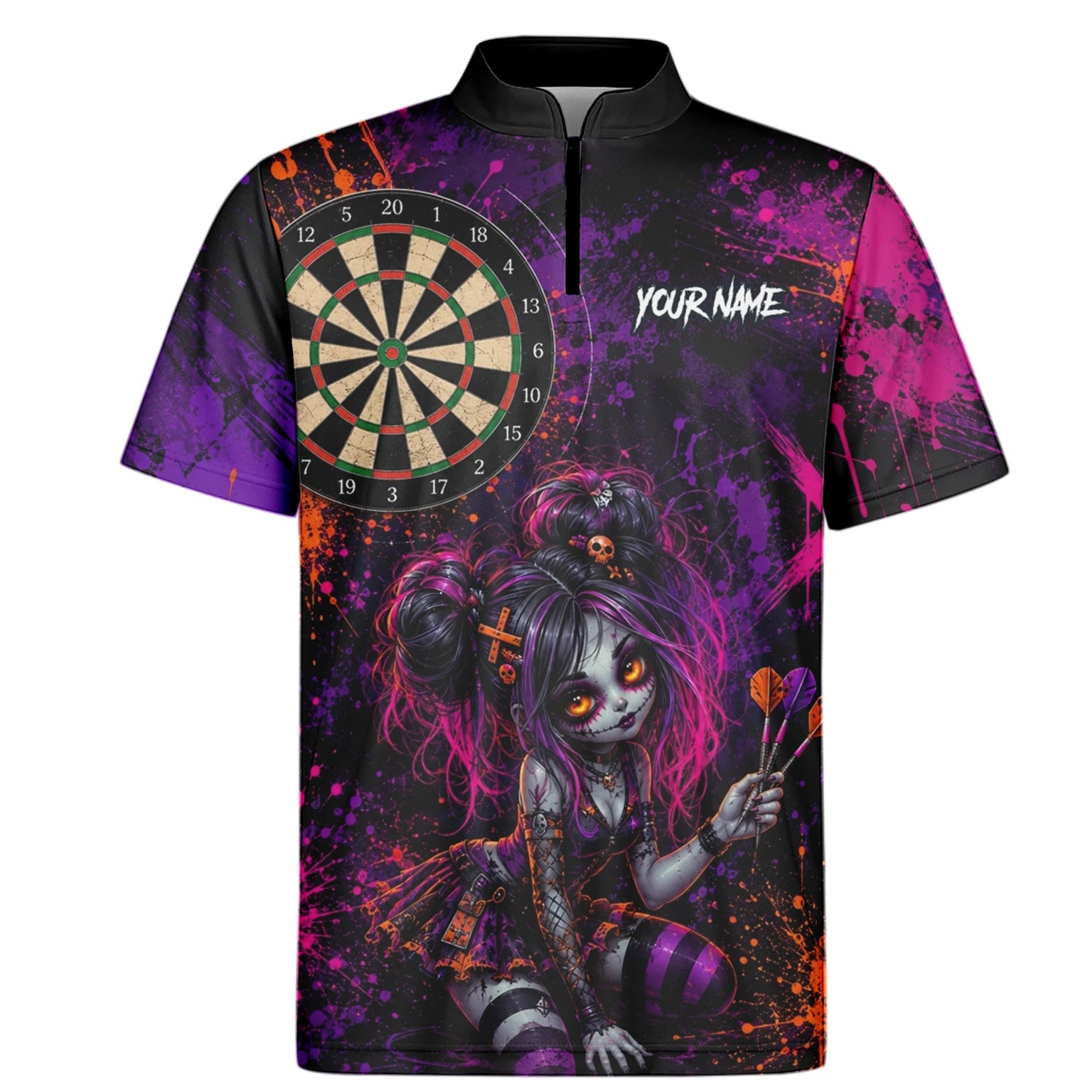 Personalisiertes Schwarz-lila-pink-oranges Gothic-Dartshirt für Herren Z641