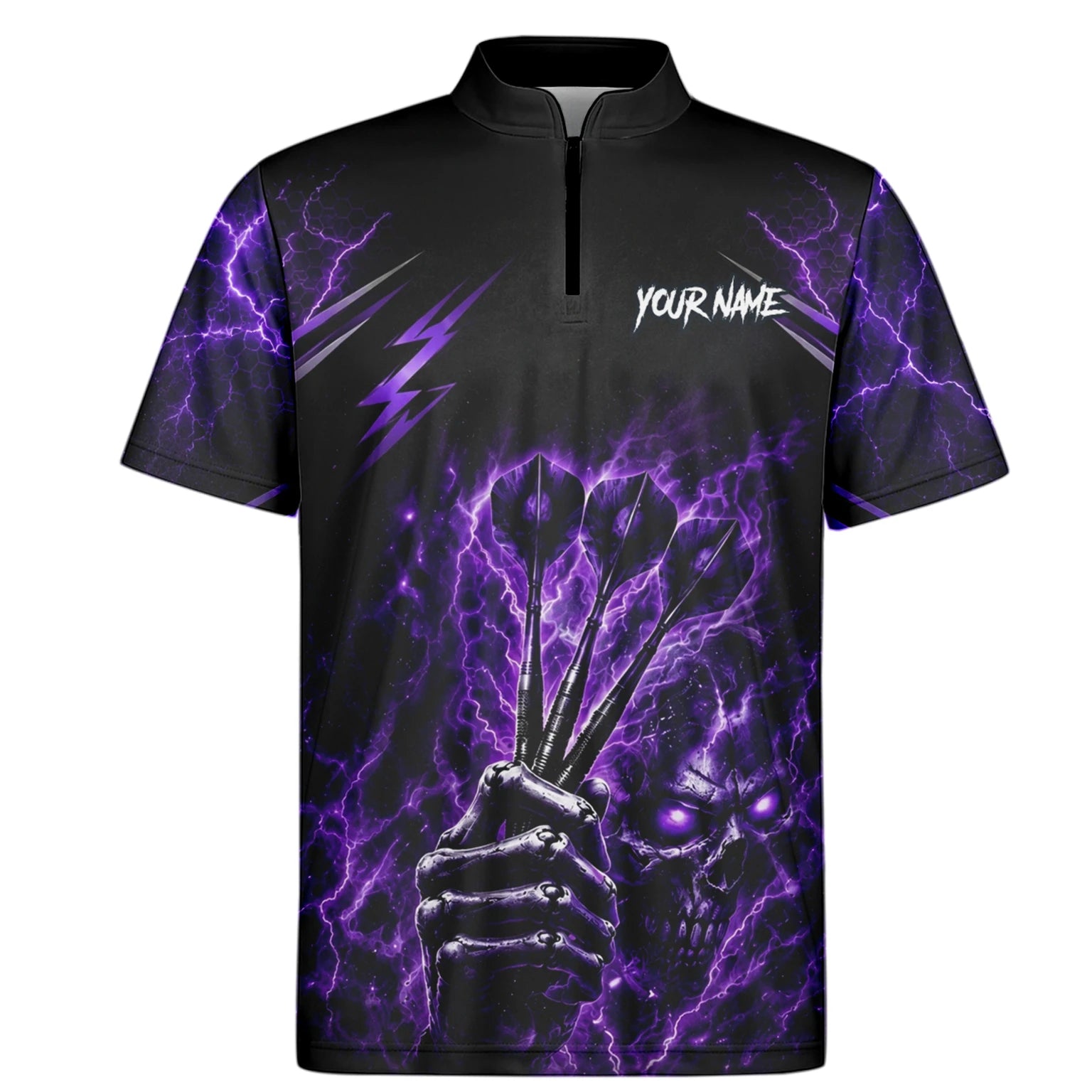 Personalisiertes Schwarz-lila Skeletthand-Dartshirt für Herren H822