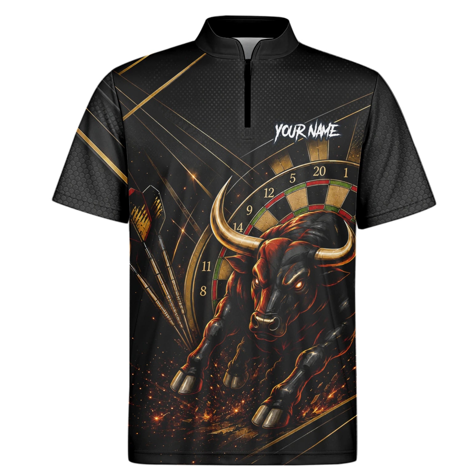 Personalisiertes Schwarz-goldenes Stier Dart Poloshirt für Herren K607