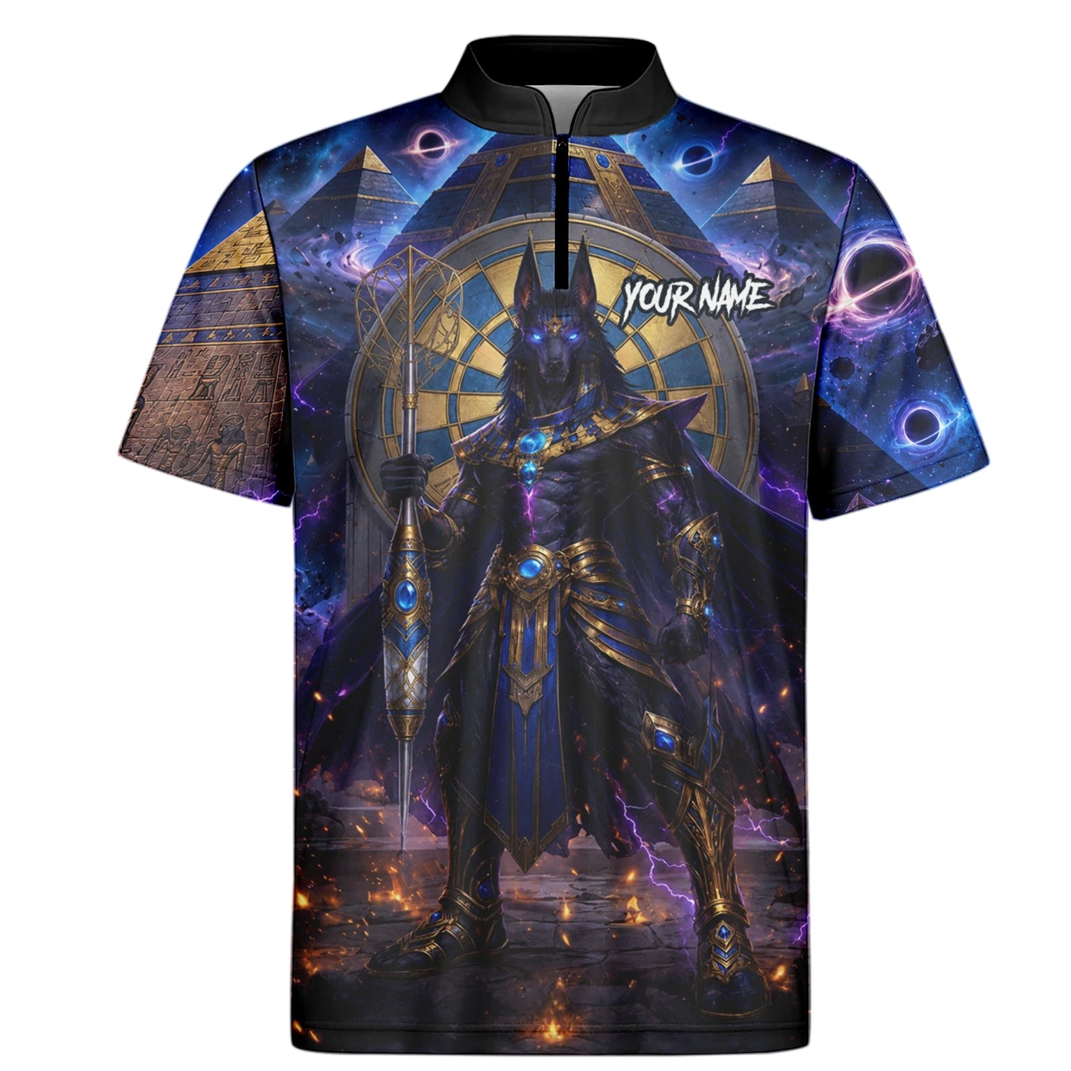 Personalisiertes Blau-gold-schwarzes Anubis-Dartshirt für Herren N118