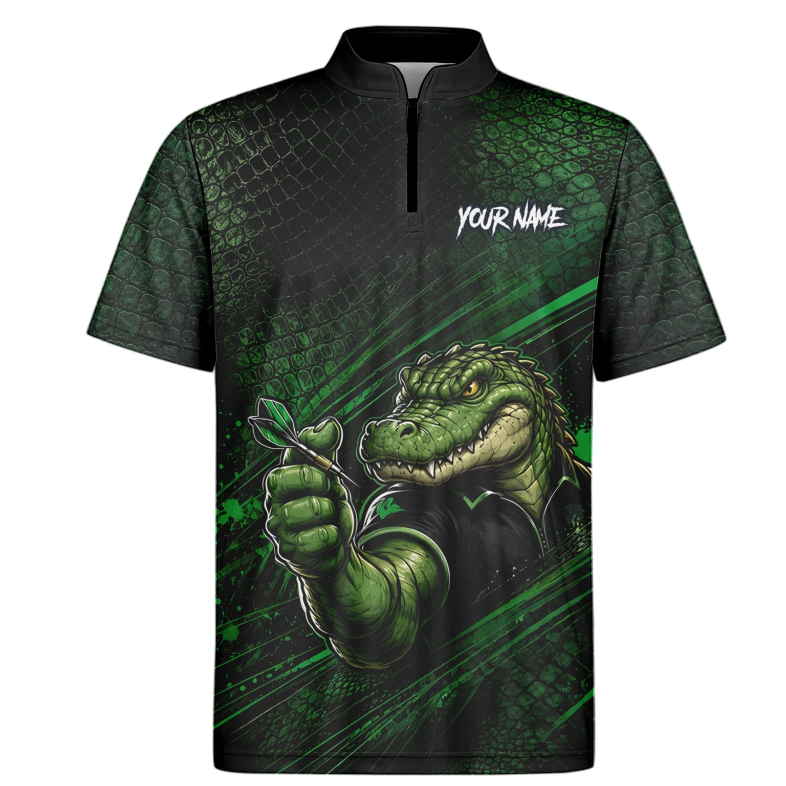Personalisiertes Grün-schwarzes Alligator-Dartspieler-Dartshirt für Herren I987