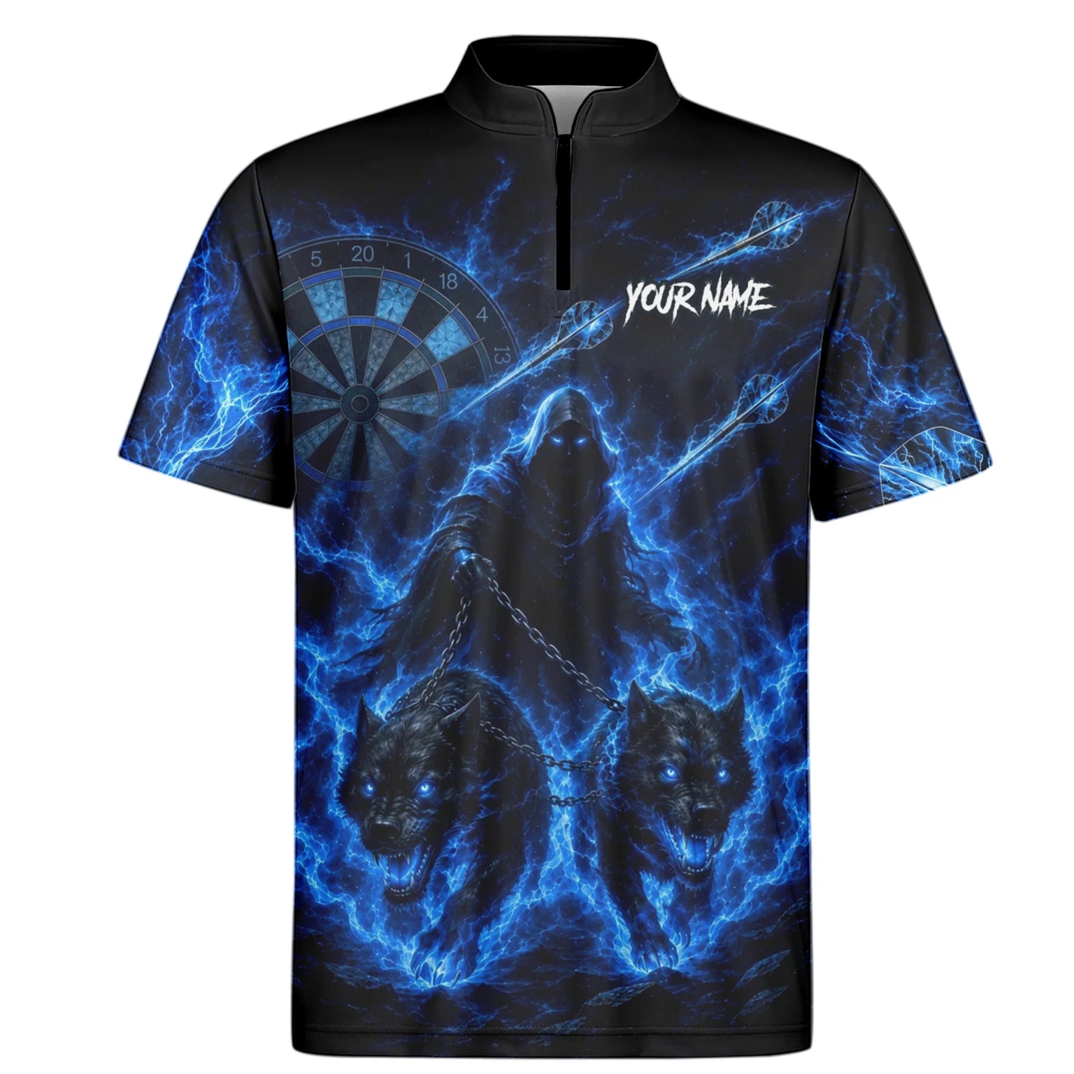 Personalisiertes Schwarz-blaues Sensenmann-und-Wölfe-Dartshirt für Herren X871